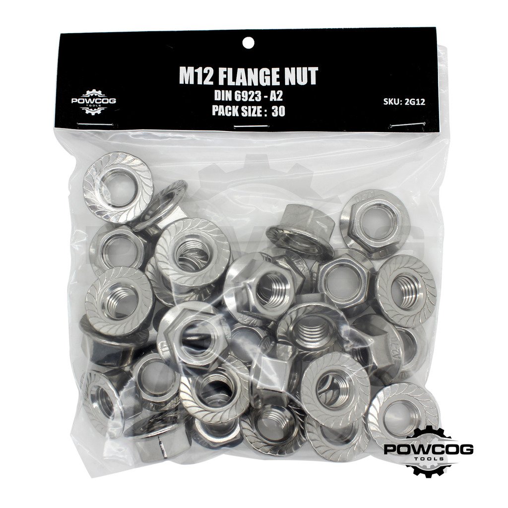 Powcog M12 Serrated Flange Nut - A2 Grade 304 Stainless Steel 12Mm Metric Hexagon Nuts - Din 6923 - By Powcog® - Pack Of 30