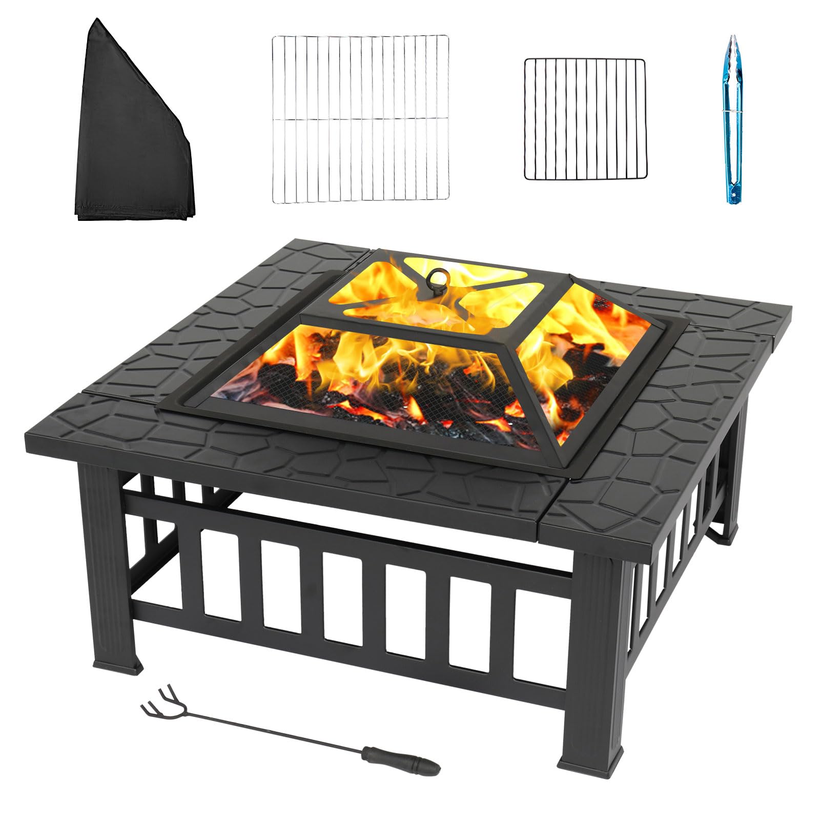 Brasero 3-en-1 Multifonctionnel | Panier À Feu avec Grille De Barbecue, Crochet À Feu & Housse De Protection, Bac À Feu pour Bois/Charbon, BBQ Fête Jardin Terrasse Extérieur