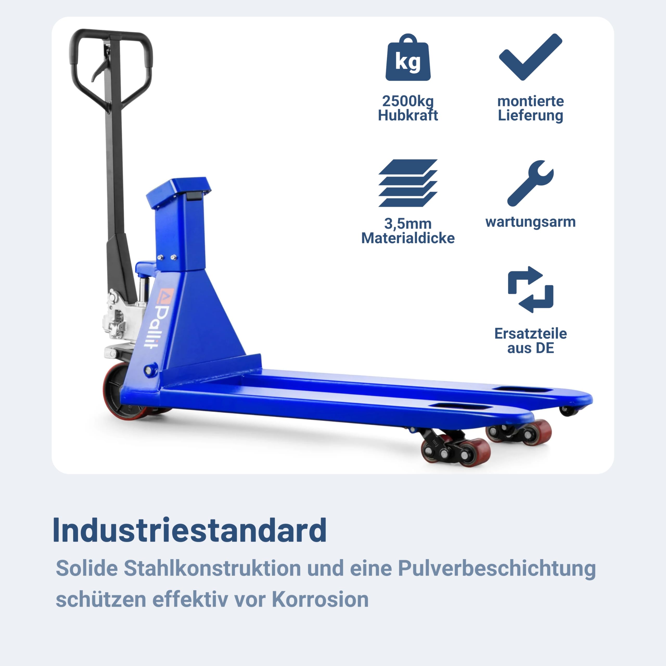 Pallit Profi Hubwagen mit Waage und Drucker 0,5kg Schritte 2500kg Tragkraft 1150mm Gabellänge | PU Rollen Gabelhubwagen Handhubwagen Palettenwagen Palettenhubwagen Scale+P Wiegehubwagen Displaywaage