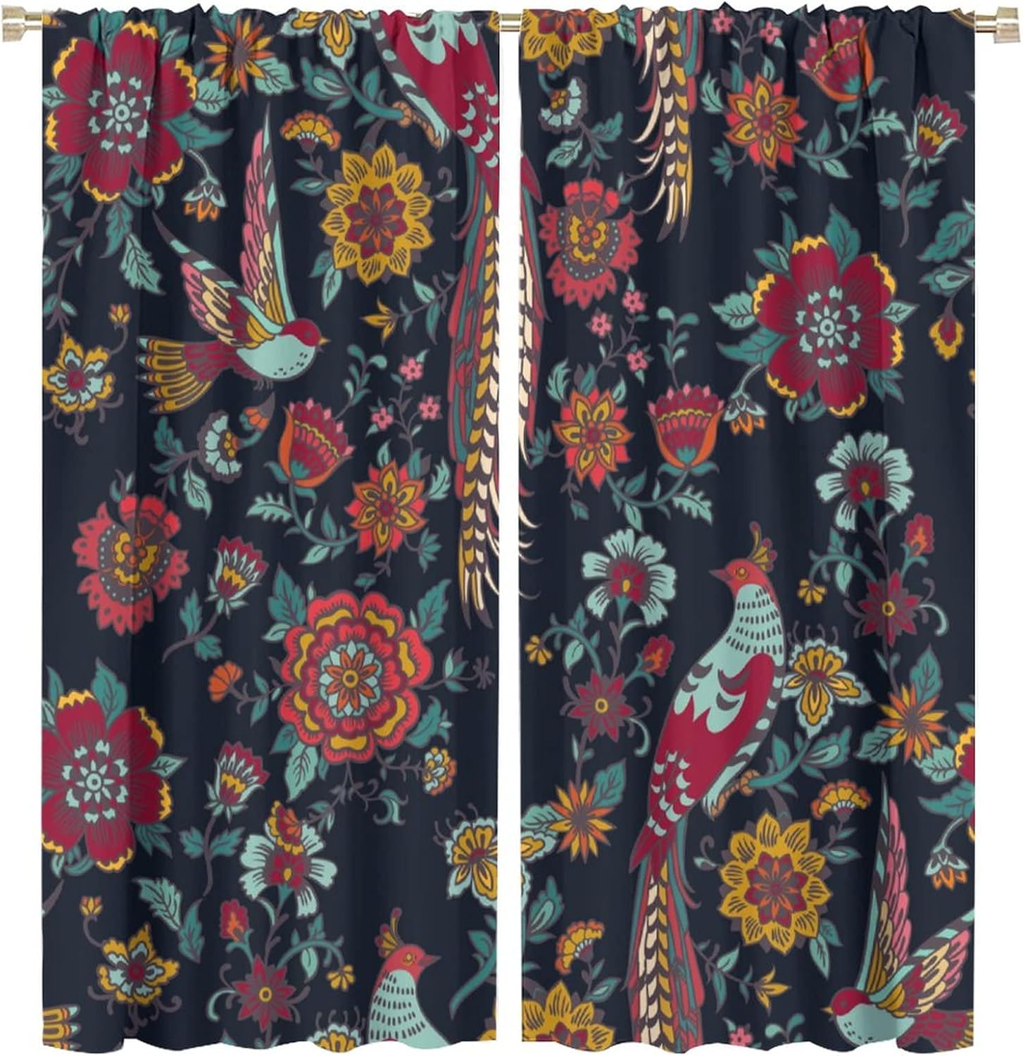 Vintage William Morris Art Floral Curtains - Abstract Boho Colorful Flowers Bird Thermal Insulated Blackout Curtains - Rod Pocket Window Treatment Drapes for Bedroom 2 Panels 72L x 31.5W