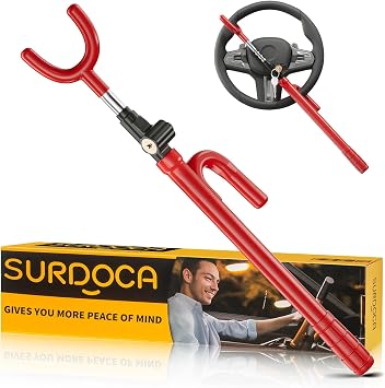 SURDOCA Car Steering Wheel Lock Anti-Theft Device, Steering Wheel Locks for Car SUV Van, Upgraded Lock Cylinder, Easy Installation, Rubber Protection, Extendable Universal Security Device, Red