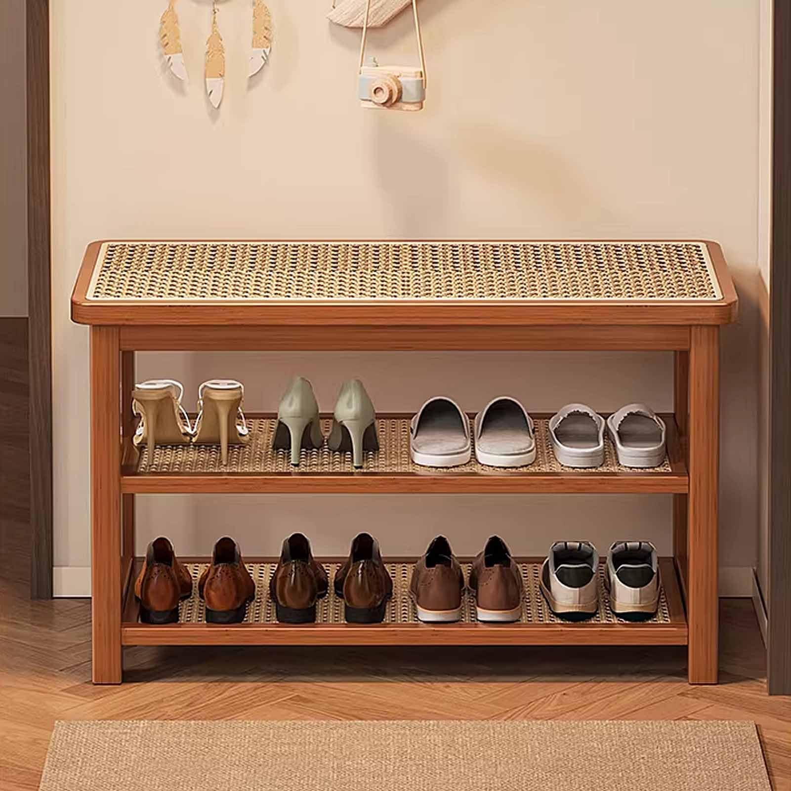 Rangement gain de place avec banc à chaussures en bambou 3 niveaux 100 cm