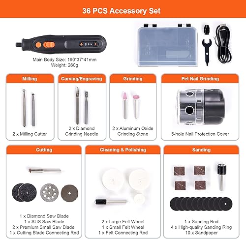 Miniatura 7 de VEVOR Kit de herramientas rotativas de 4 V, mini herramienta grabadora recargable de 5 velocidades variables con cubierta protectora de pulido de