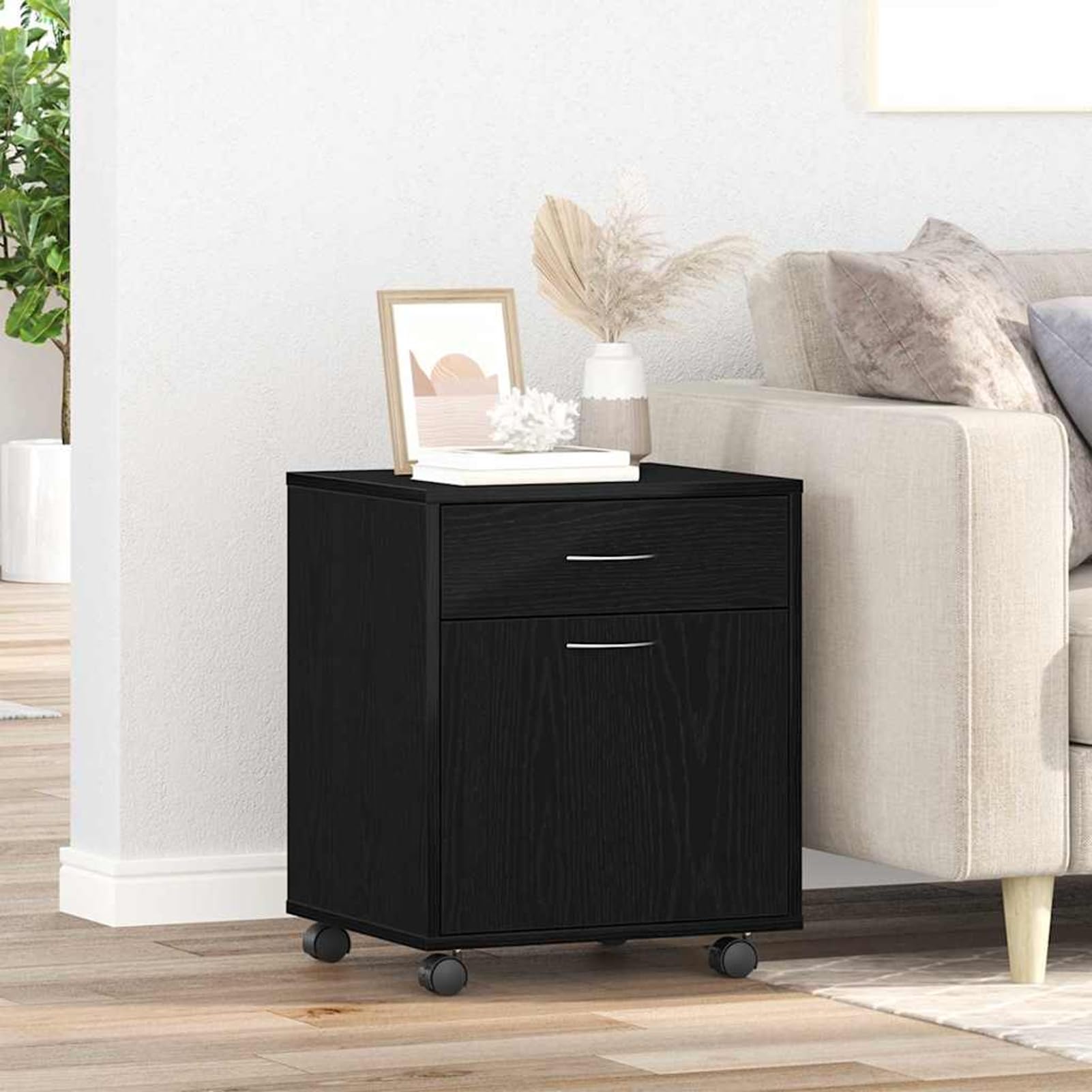 Armadio con ruote in rovere nero, 45 x 38 x 54 cm, 2 ante con ripiano, per ufficio domestico e abitazioni moderne