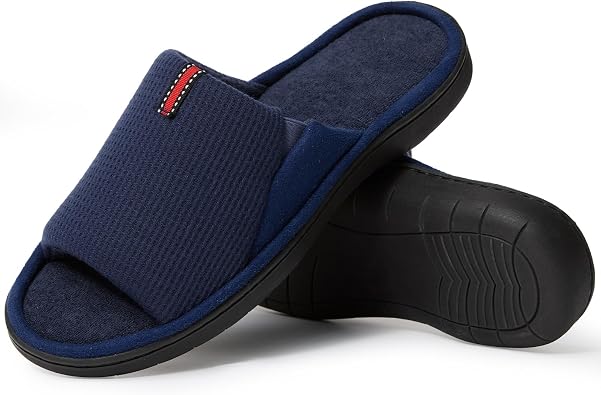 Mens Open-Toe Slippers for Indoors - Breathable Waffle Weave & Terry Lined House Shoes with Memory Foam, Machine Washable, Non-Slip Sole, Comfort Fit for Wide Feet
