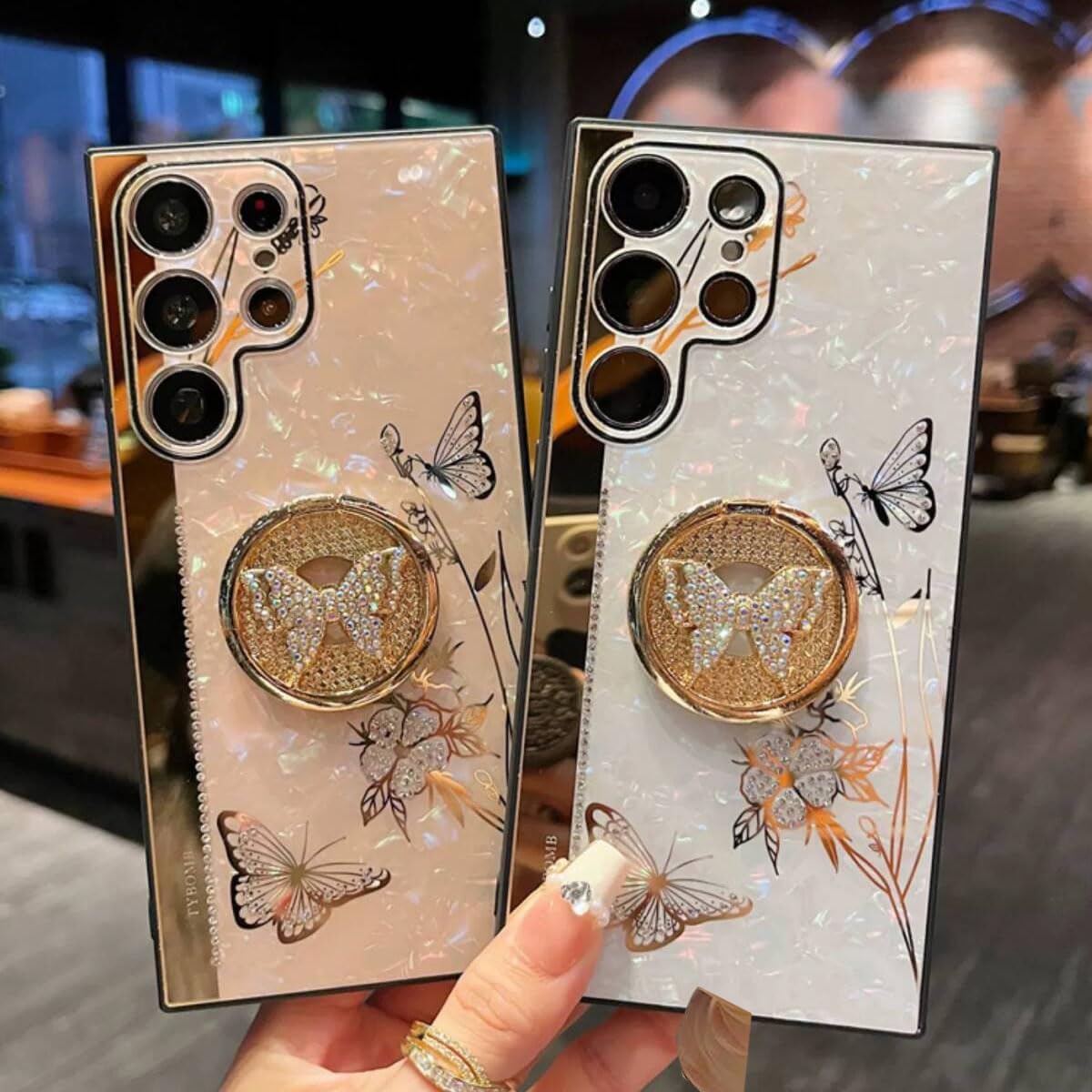 for Samsung Galaxy S25 Ultra Glitter Kickstand Case,Cute 3D Bling Marble Conch Floral Butterfly Ring Stand Mirror Elegant Shockproof Protective Case for Girls Women for Galaxy S25 Ultra, Gold - Image 9