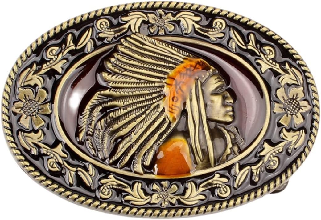 Native American Indian Chief Belt Buckle for Men, Indian Warrior Chief Head Belt Buckle, Indian Tribal Chief Filigree Belts Buckle, Western Cowboy Belt Buckles, Punk Rock Oval belt buckle