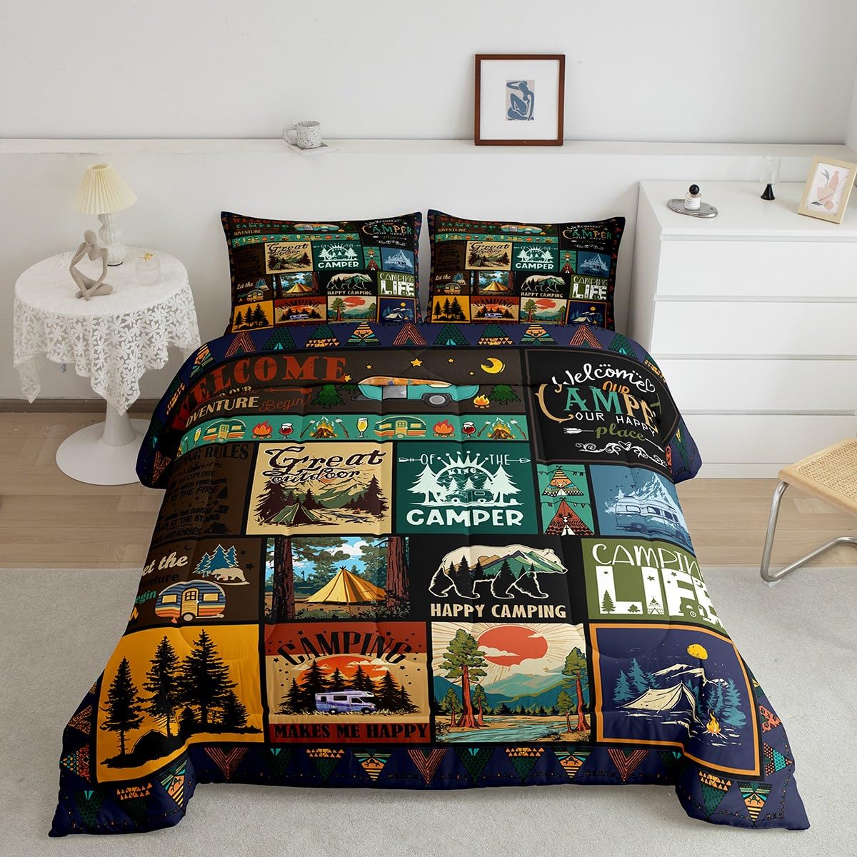 Erosebridal Camper Comforter Set for Kids Girls Boys Twin Camping Themed Bedding Sets,RV Comforter Set Camping Decor for Camper Gifts,Country Farmhouse Quilt Bed Set for Travel Trailers 2Pcs