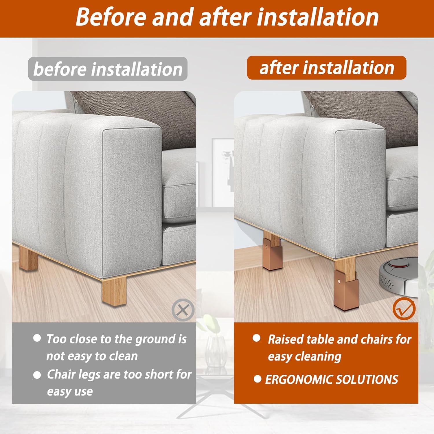 4 Inch Bed Risers with Adjustable Screw Clamp Heavy Duty Furniture Risers Set of 4 Furniture Leg Extenders for Bed Table Chair Sofa (100mm, Brown)