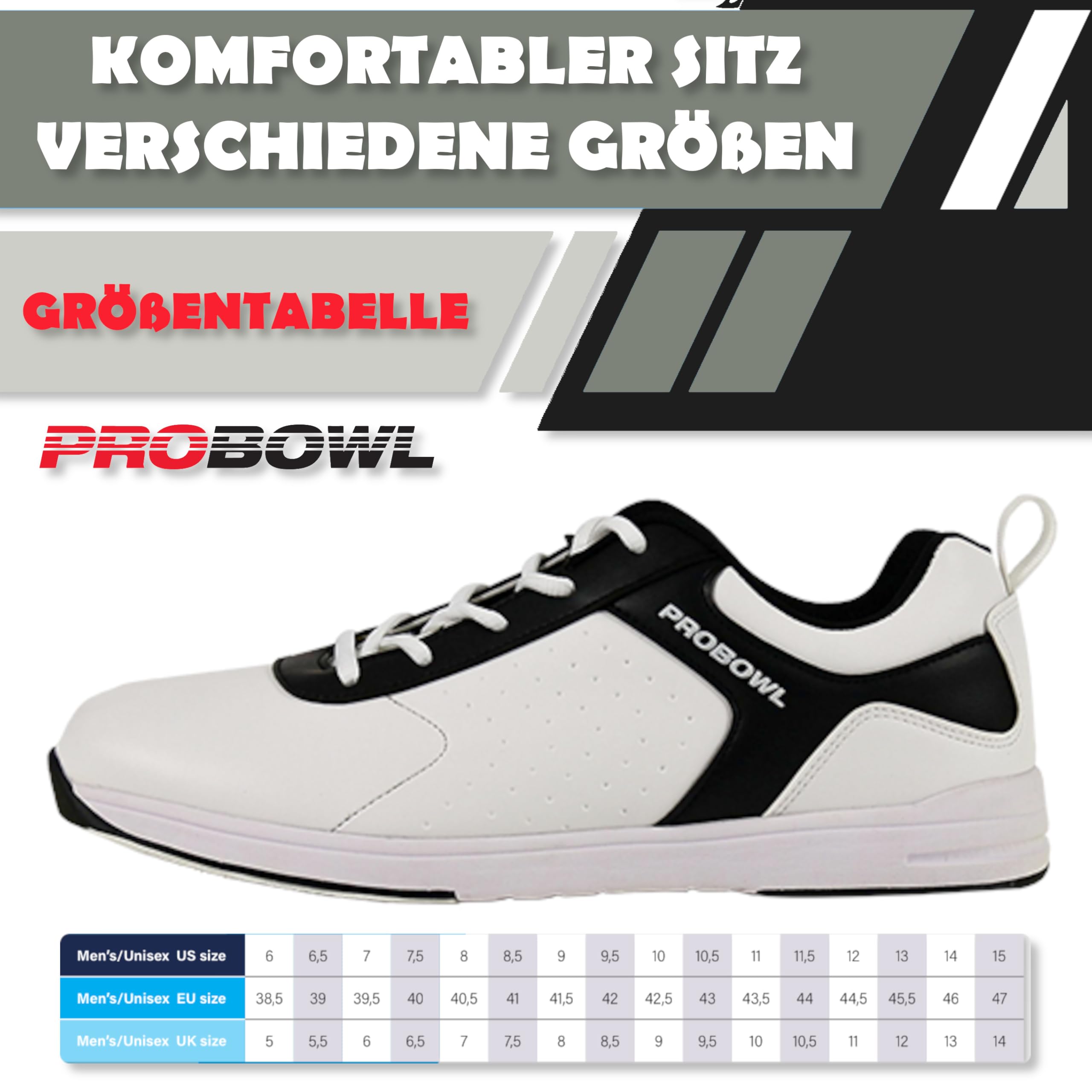 EMAX | Zapatos de bolos Hombre | Pro Bowl - Amuza | Blanco Negro | Zapato Bowling para Adulto