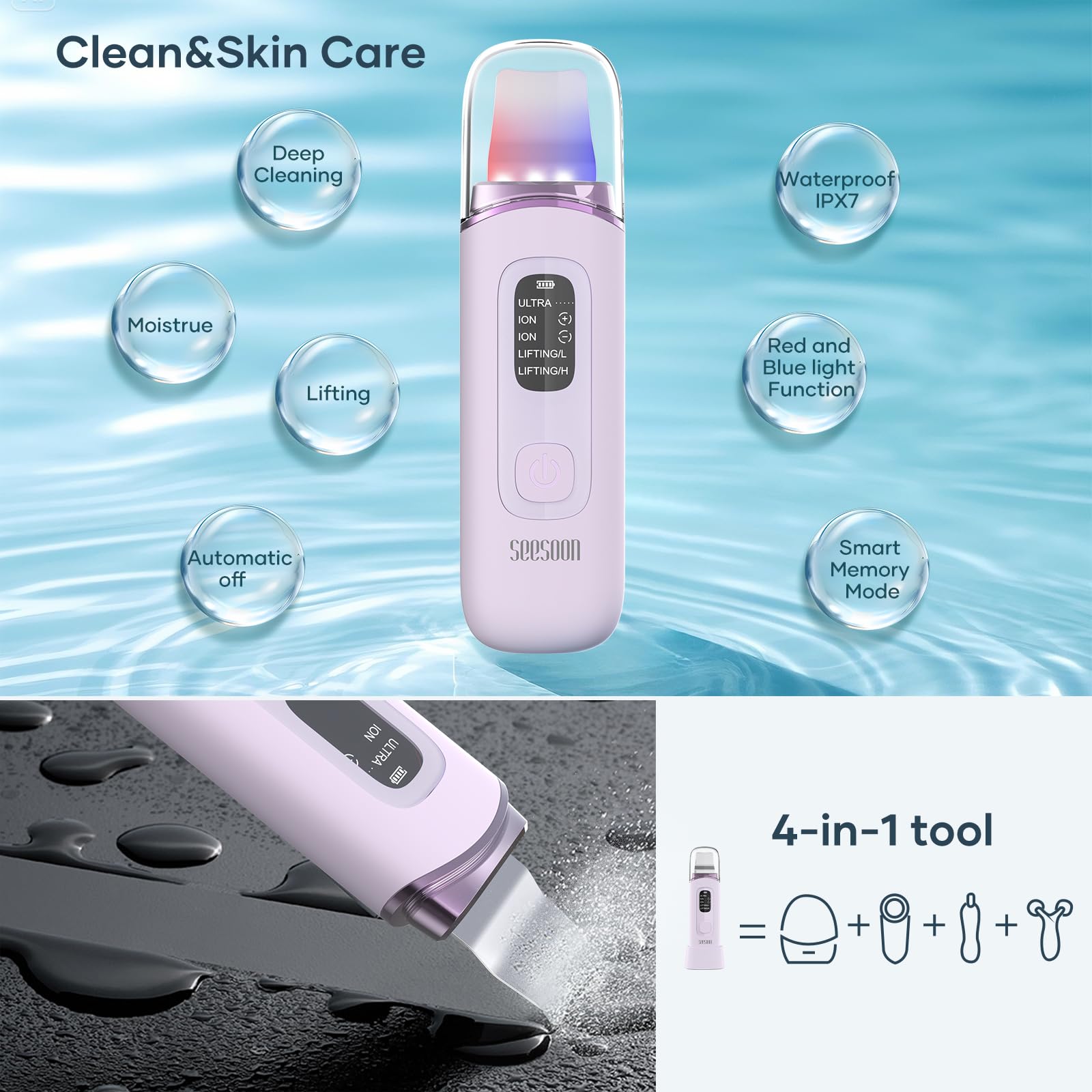 Espátula de limpieza facial para la piel con 4 modos, pantalla LCD, IPX7 impermeable para eliminación de puntos negros y limpieza profunda de poros