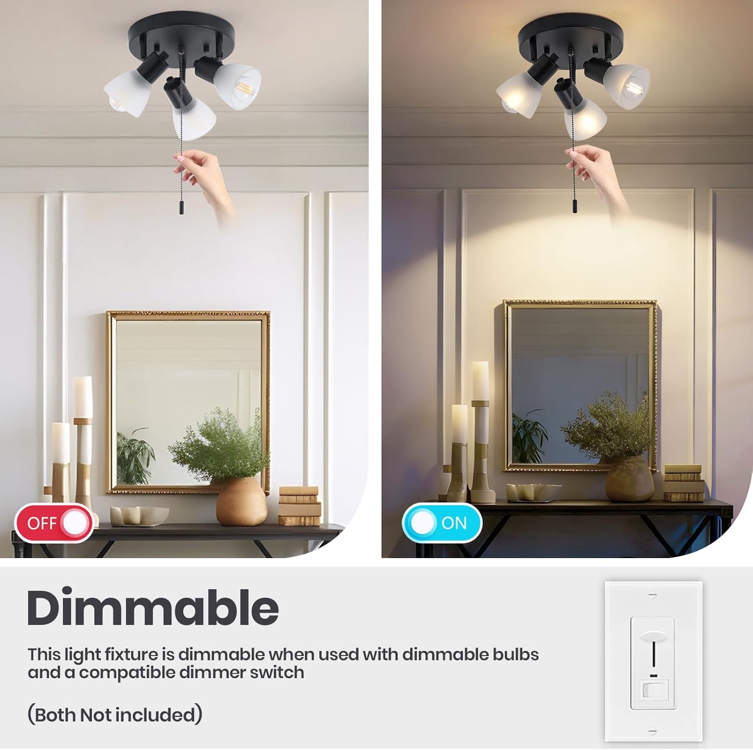 KEESFU 3-Light Black Pull Chain Track Lighting, Adjustable Multi-Directional Ceiling Light Fixture with Glass Shades, Flush Mount for Kitchen Island, Dining Room, Hallway E12 Base (No Bulbs)