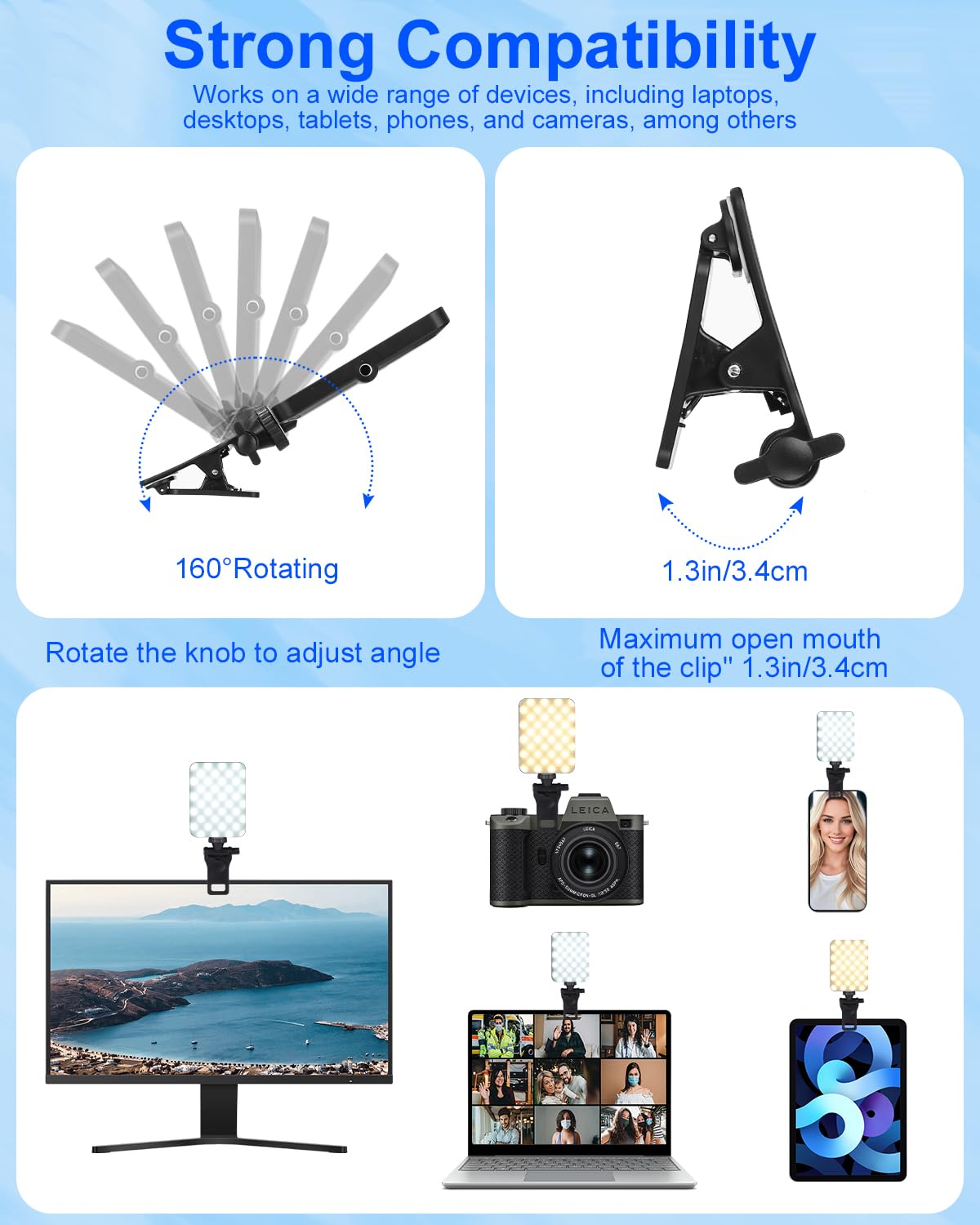 Luce Selfie LED Ricaricabile Per Telefono - 3000-6500K, 10 Livelli Luminosità, CRI 95+, Con Clip - Foto 2