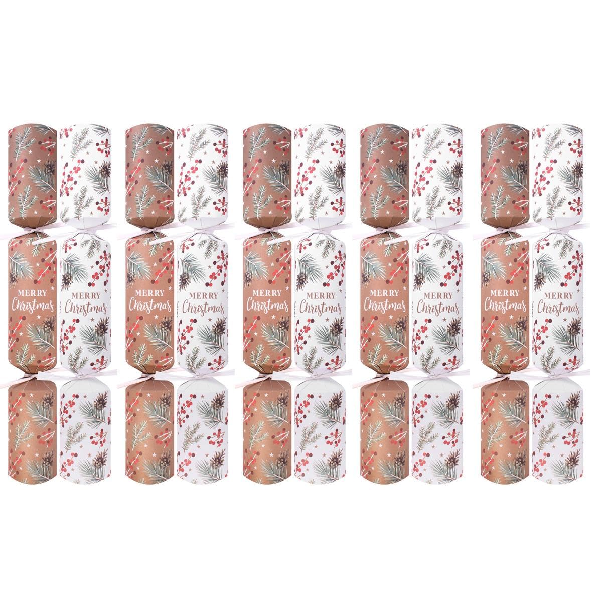 Yöl Christmas Foliage 10 Crackers - Deluxe Luxury White Brown Red Design, Xmas Dinner Party Celebration Recyclable