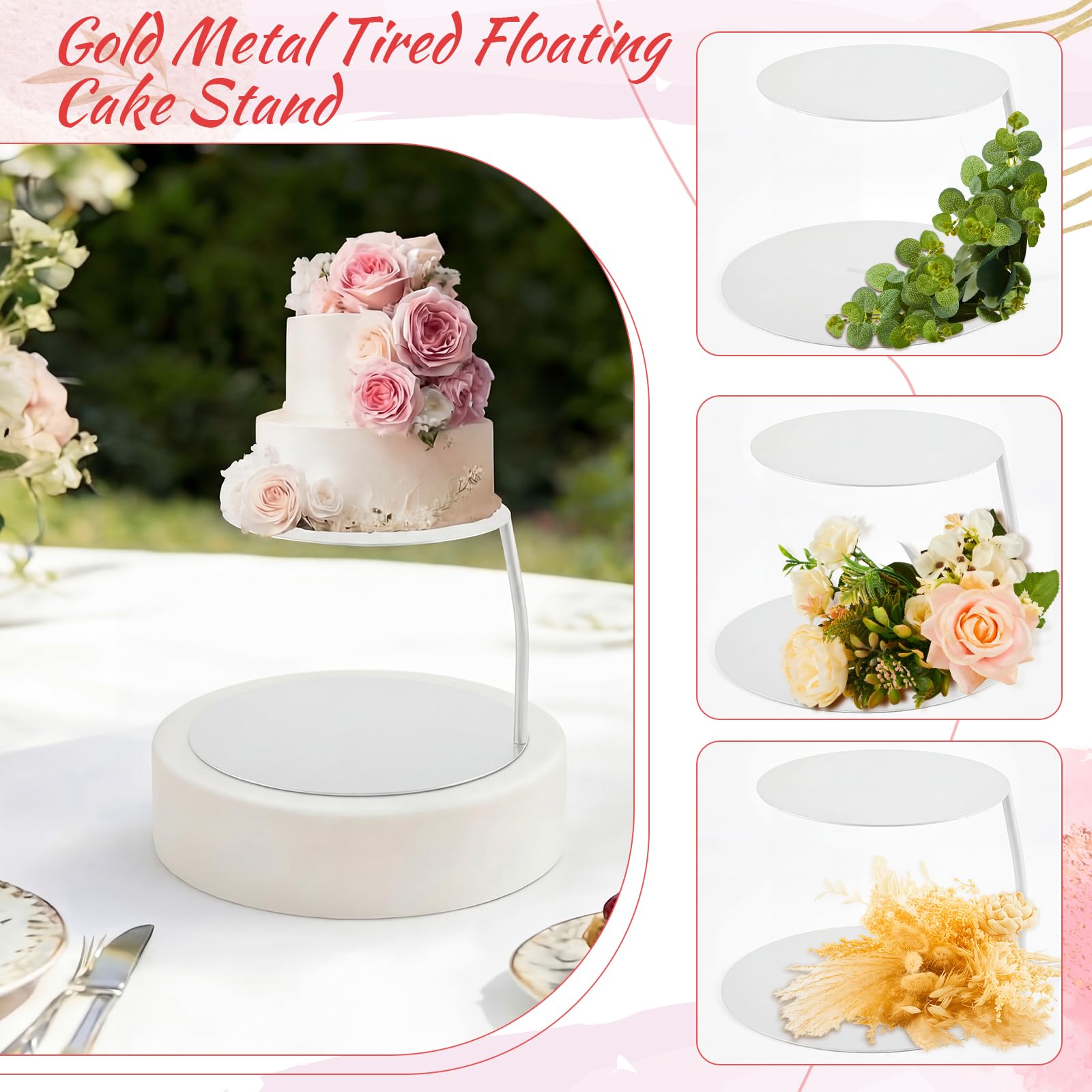LemonRoad Présentoir à gâteaux flottant en métal à 2 niveaux de 15,2 cm + 20,3 cm - Séparateur de gâteaux de mariage rond décoratif - Présentoir à desserts, pâtisserie pour anniversaire, fête