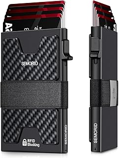 Slim Wallet for Men, Minimalist RFID Blocking Mens Wallet with Pop Up Case, Thin Metal Credit Card Holder with Cash Strap & Expandable Backplate - Holds 12 Cards