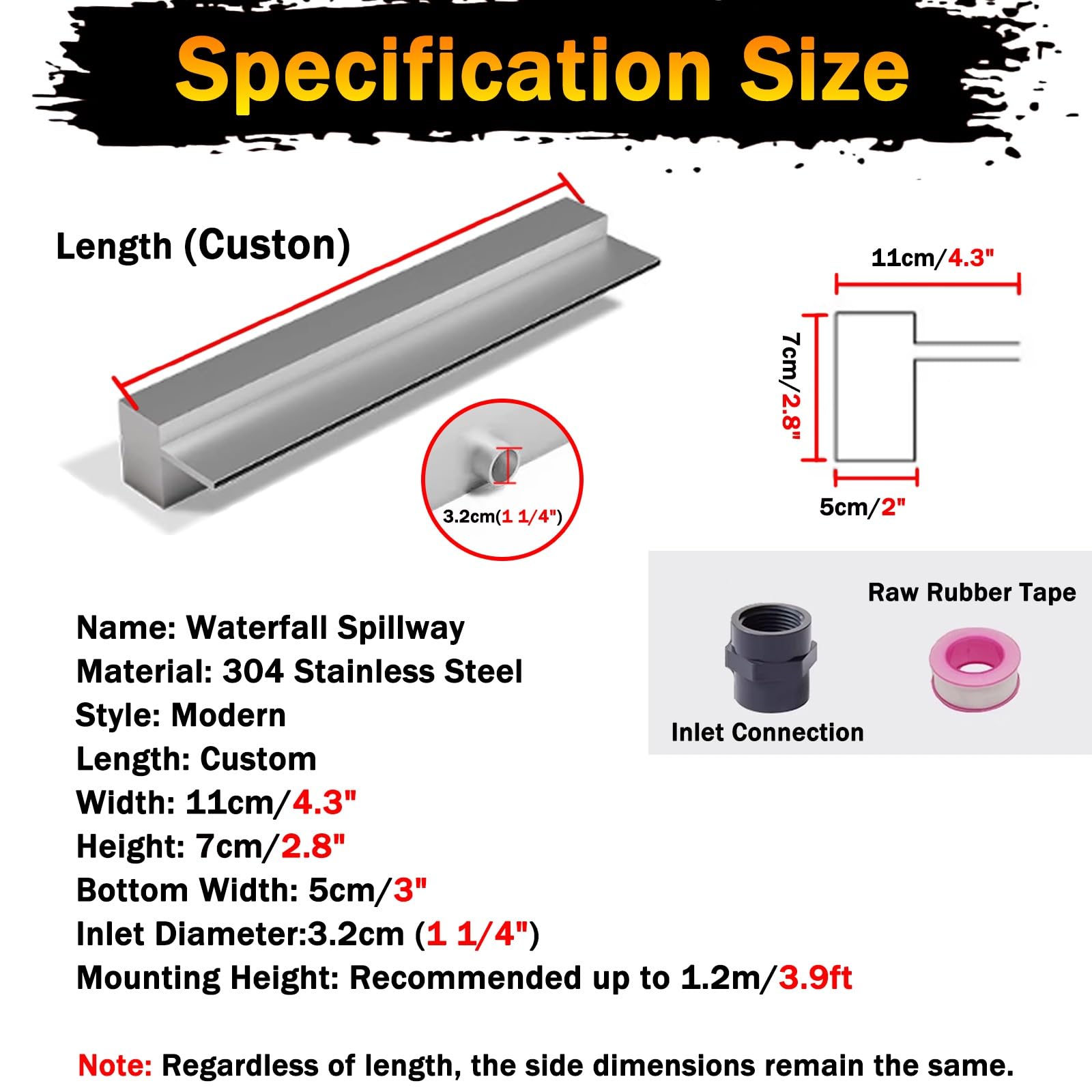 Detive Commercial Waterfall Spillway 114,3 cm – Attrezzatura per stagno per fontane e patio – perfetto per acque da 30/40/61/91/122/122/14/14/14/124/13,4 cm (argento)