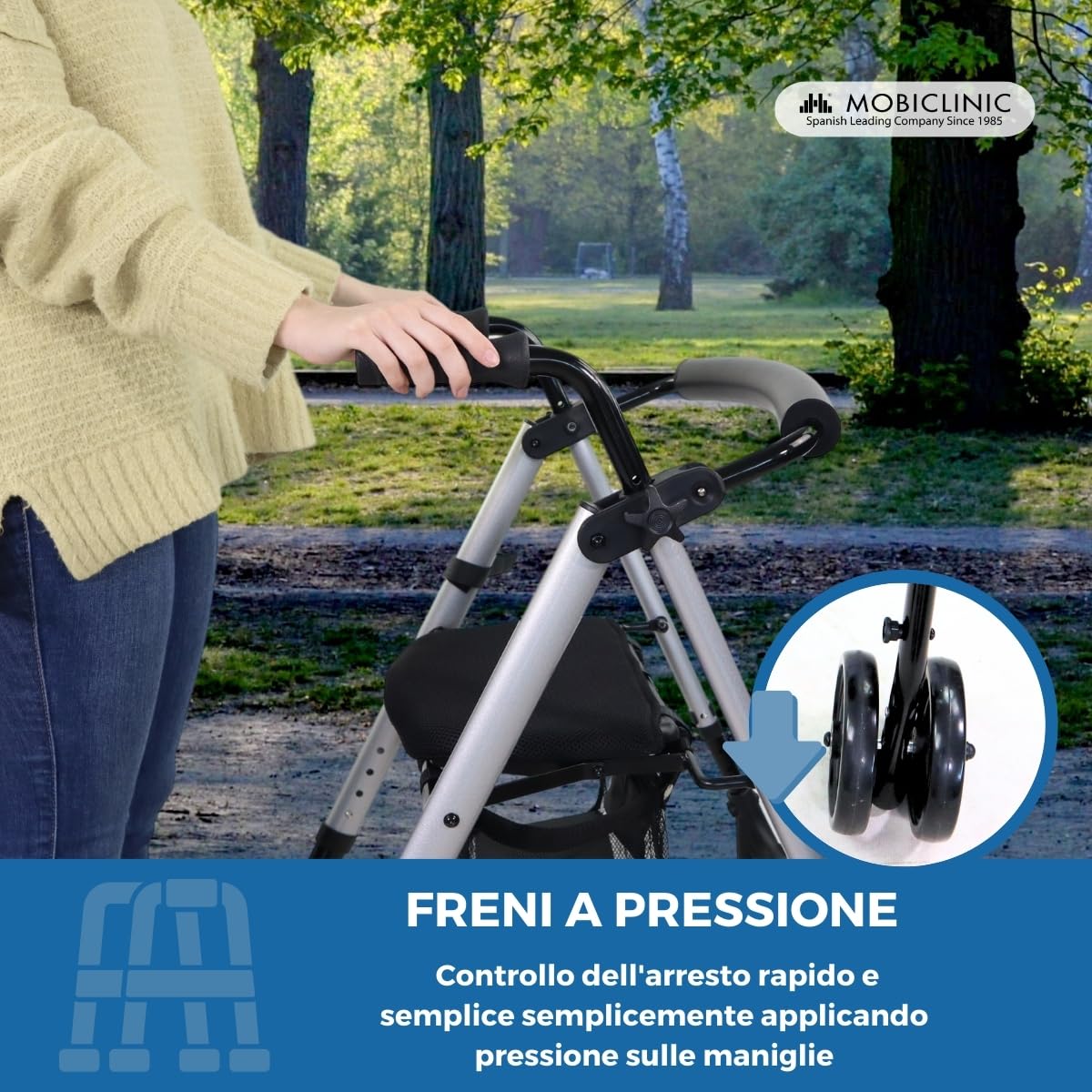 Mobiclinic®, Deambulatore per adulti, Pieghevole, Leggero, Sedile e cestino xxl, Supporto bastoni, Altezza regolabile, In alluminio, Freni a pressione, Dehesa, Ruote piene, Grigio perlato
