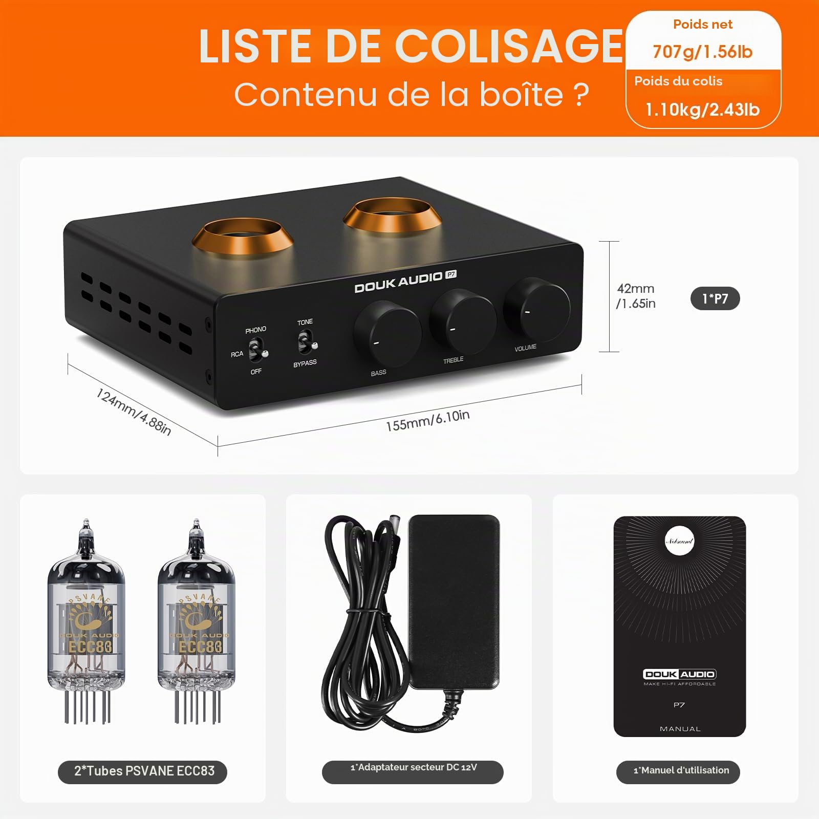 Douk Audio P7 Phono Preampli : ECC83 Tube Turntable Préamplificateur avec sortie XLR équilibrée, filtre passe-haut, contrôle des basses et des aigus, bypass pour tourne-disque MM, amplificateur