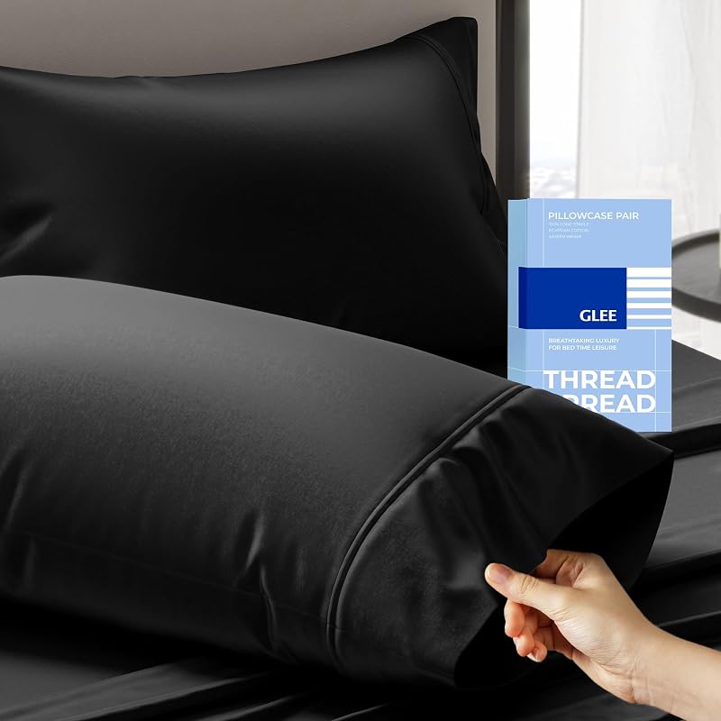 THREAD SPREAD 100% Cotton King Size Pillow Cases Set of 2 - Luxury 400 Thread Count Pillow Cases King Size (Black), Soft Cooling Breathable & Durable Sateen Hotel Cotton Pillowcases