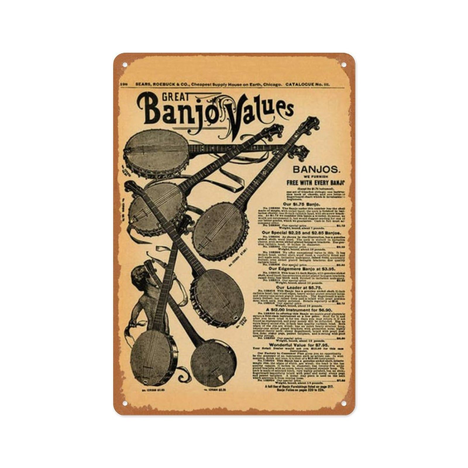 peiyeety 1902 Banjo Catalog Page Vintage Metal Tin Sign Retro Art Wall Decor for Home Cafes Office Store Karaoke Pubs Club Sign Gift Plaque 8X12 Inches
