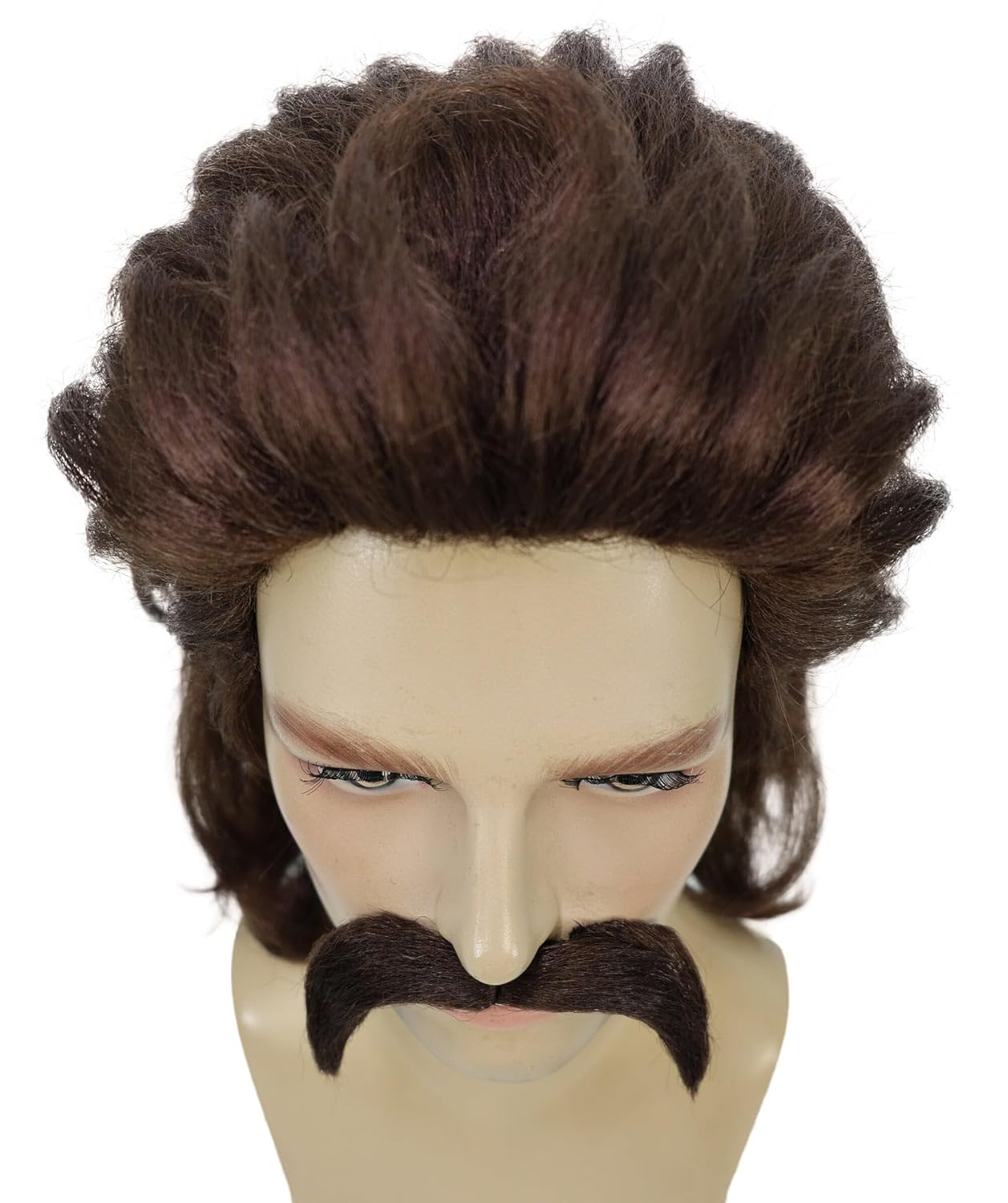 Men’s 70s Dark Brown Mullet Wig with Handlebar Mustache – Classic Wavy Hairstyle for Costume Party Looks | Theatrical Performances Hairpiece for Themed Events