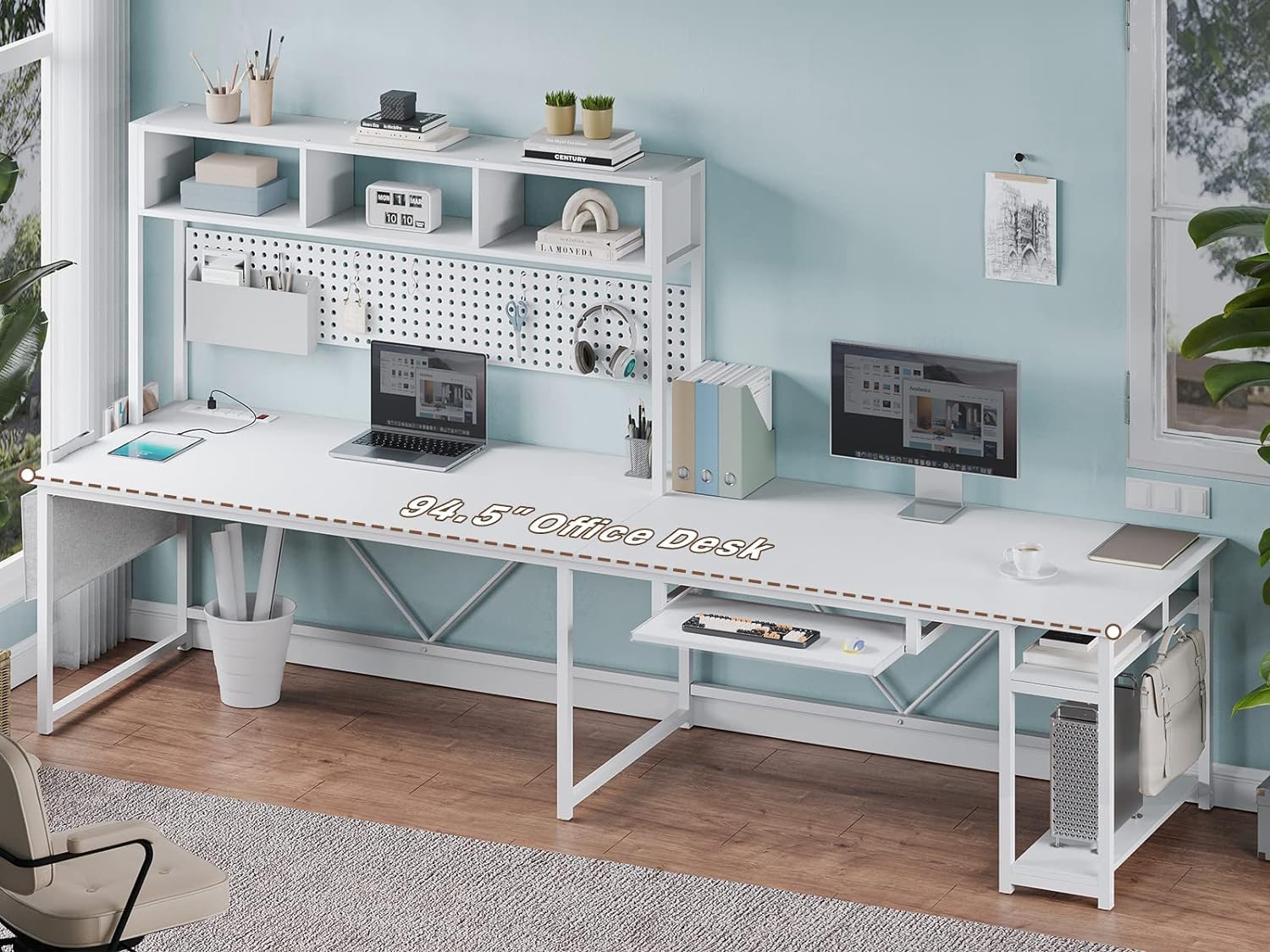 SEDETA White L Shaped Gaming Desk, Reversible Corner With Power Outlet and Pegboard, Hutch, Storage Shelf, Keyboard Tray, and LED Lights for Home Office - Image 3