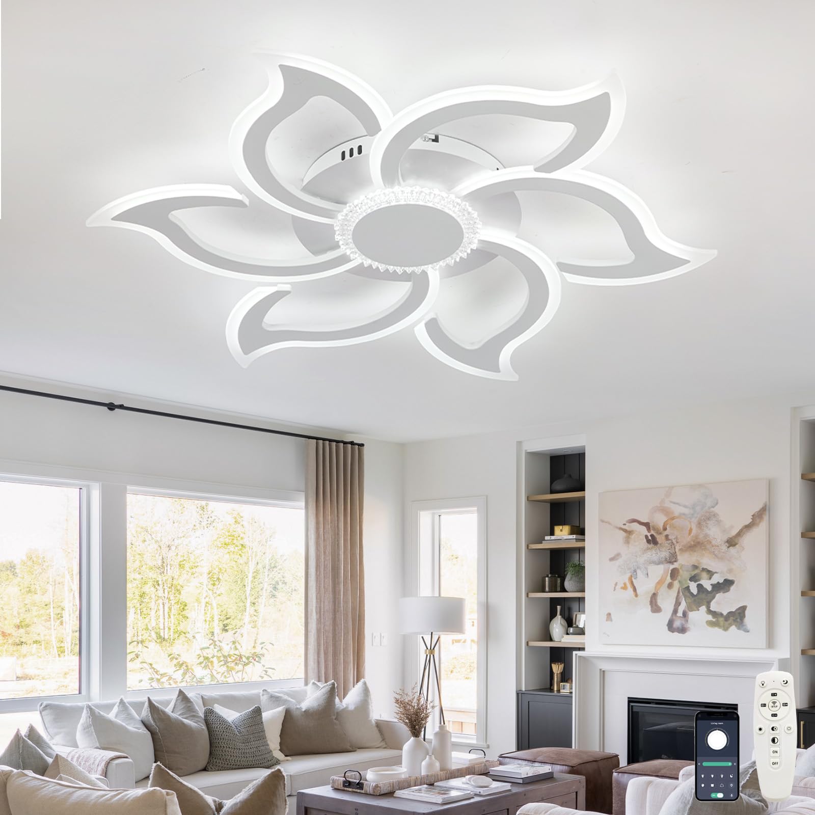 Kwiatowa Lampa Sufitowa LED Z Możliwością Nowoczesne Duże Lampy Sufitowe Przyciemniania 3000K-6000K Inteligentne Oświetlenie Sufitowe Z Pilotem Funkcja Pamięci APP Lampa Sufitowa Do Salonu-White