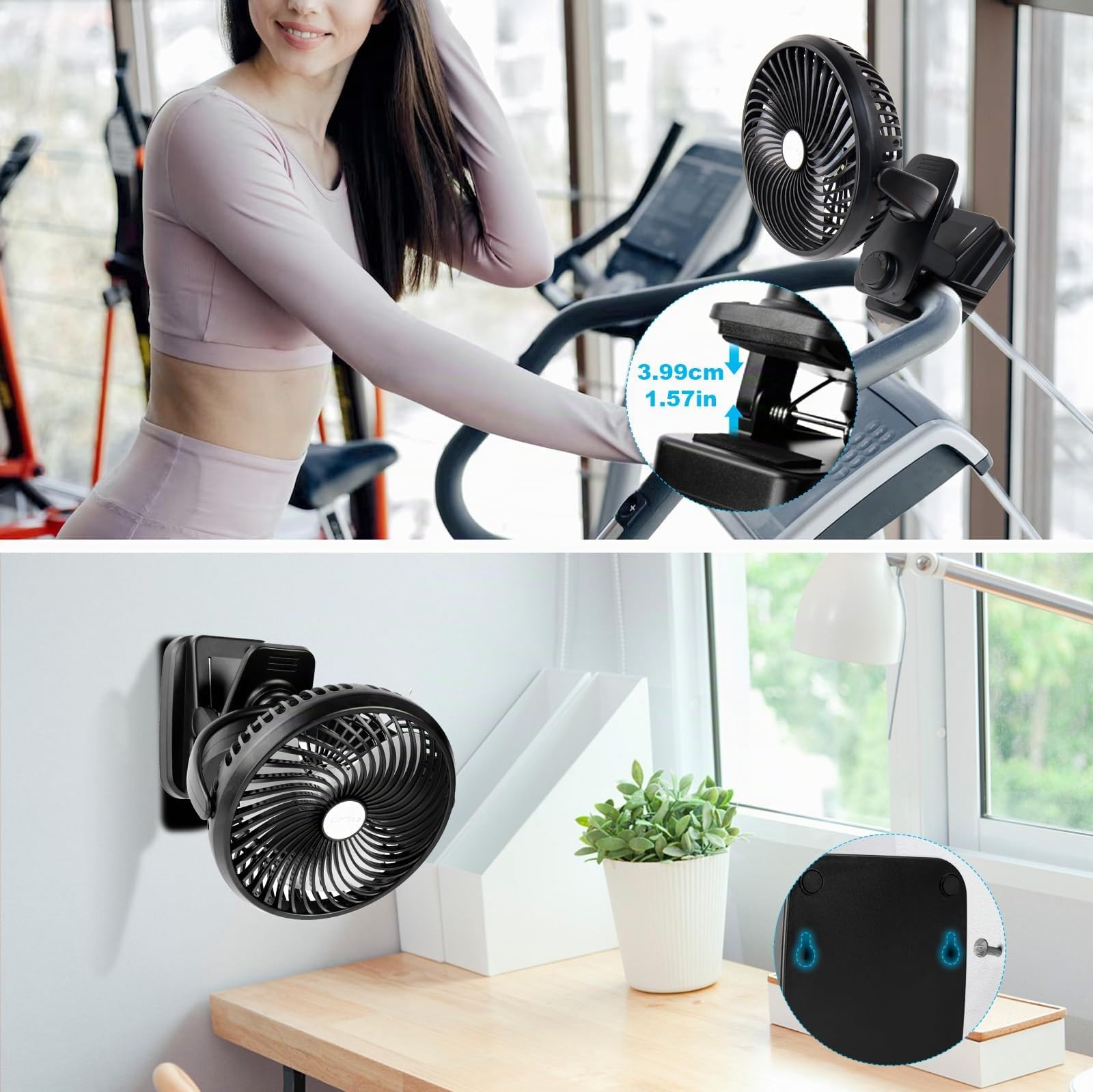ELZO Ventilatore da scrivania USB a clip, 20000 mAh, ricaricabile a batteria, luce LED, rotazione a 360°, velocità continua, super silenzioso, portatile, per ufficio, passeggino, auto, campeggio