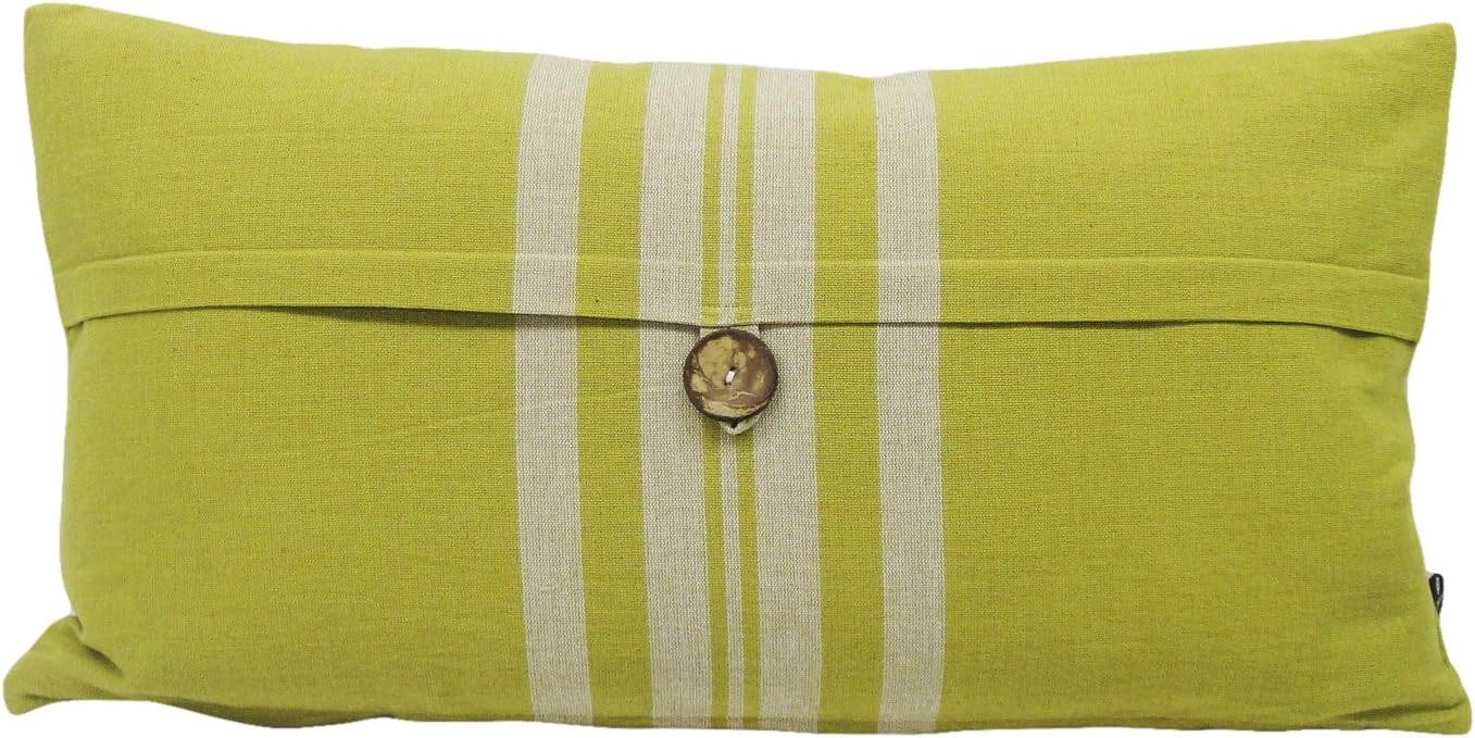 Boathouse Stripe Pillow with Zipper Closure, Feather Insert and Button Accent, 14 by 20-Inch, Lime