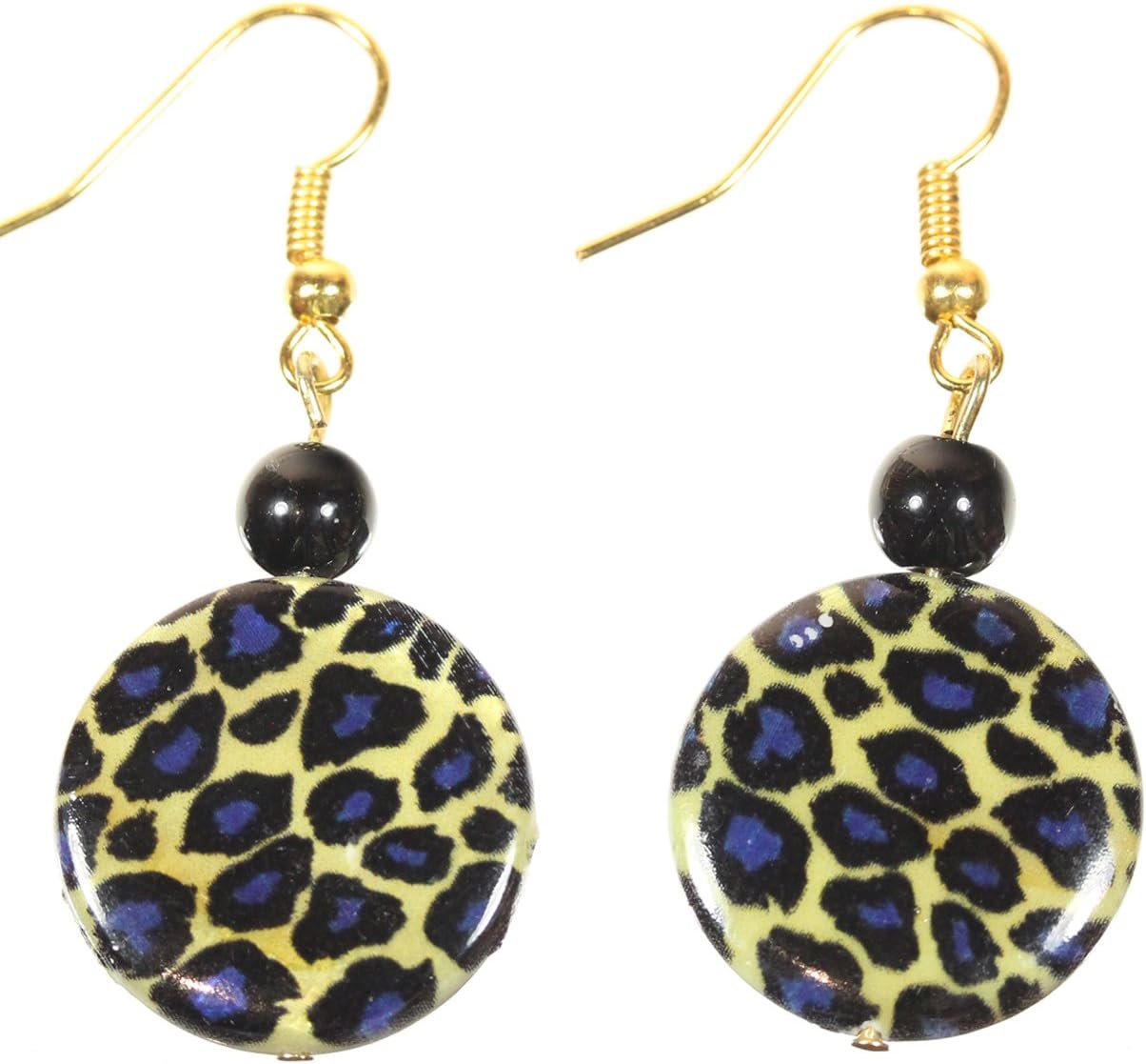 Style-ARThouse Blue Leopard, Shiny Black and Goldtone Leopard Print Earrings, 1.5 Inches