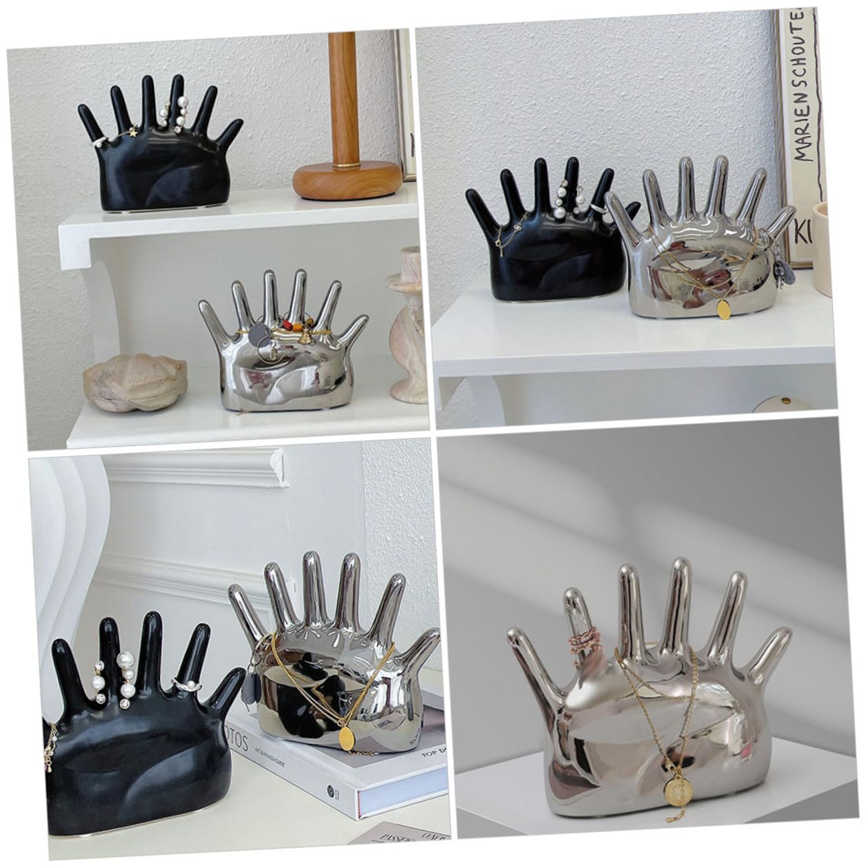 Levemolo Keramik Ringhalter Handform Schmuckständer mit Foto Requisit Funktion Kompakt Silberfarben Schmuck Organizer für Damen Mädchen Dekorativer Schmuckhalter für Kommode und