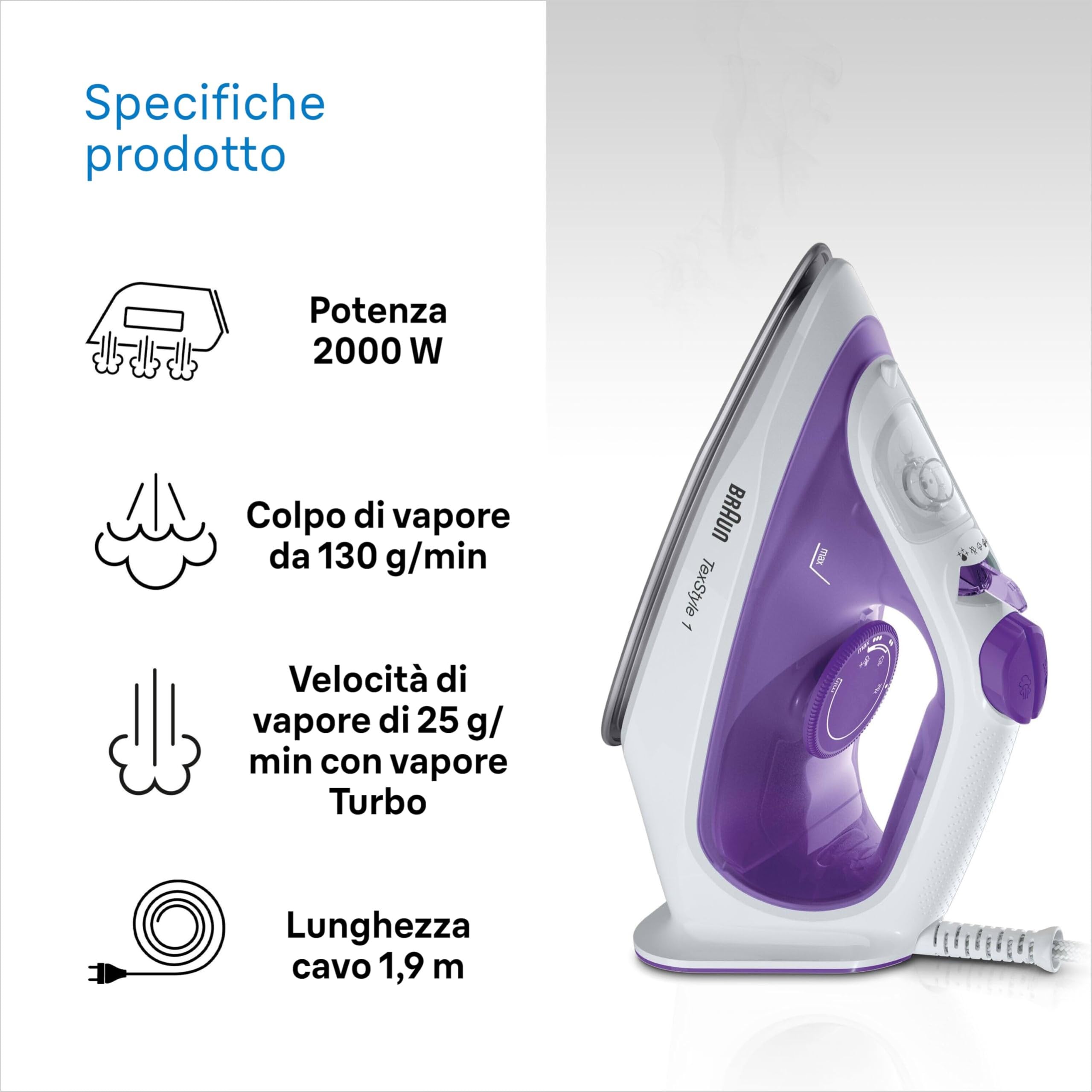 Braun TexStyle 1 SI1080VI, Ferro da Stiro CON 5 ANNI DI ASSISTENZA Piastra SuperCeramic, Punta di Precisione, 130g/min,Ricarica da 220ml, Eco Mode, Sistema Antigoccia, 2000W, Viola