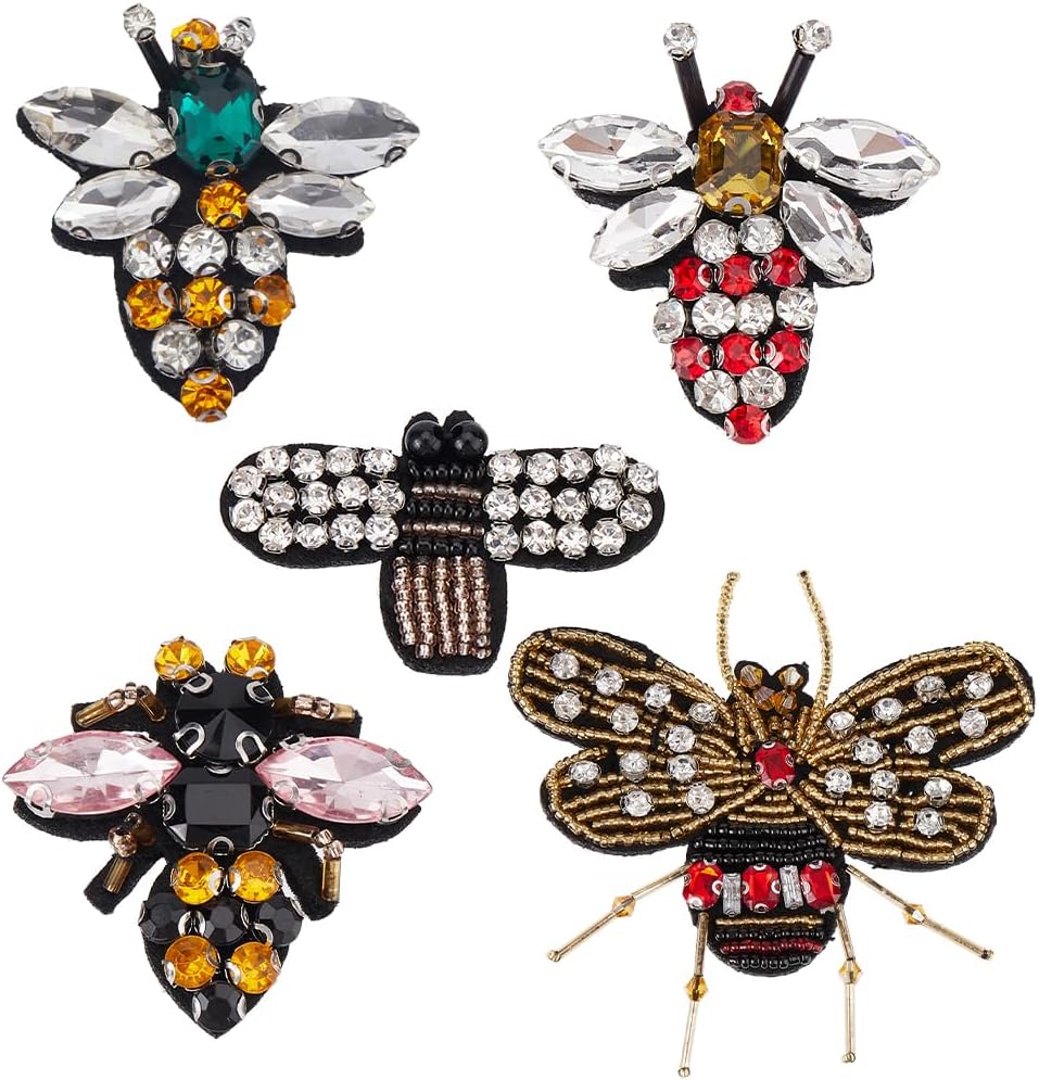 GORGECRAFT 5 Styles Bee Iron on Patches Insect Bees Crystal Rhinestone Beaded Embroidered Fabric Sewing Applique Patch for Clothes Bags Dress Jackets Jeans Repair Decoration Decals