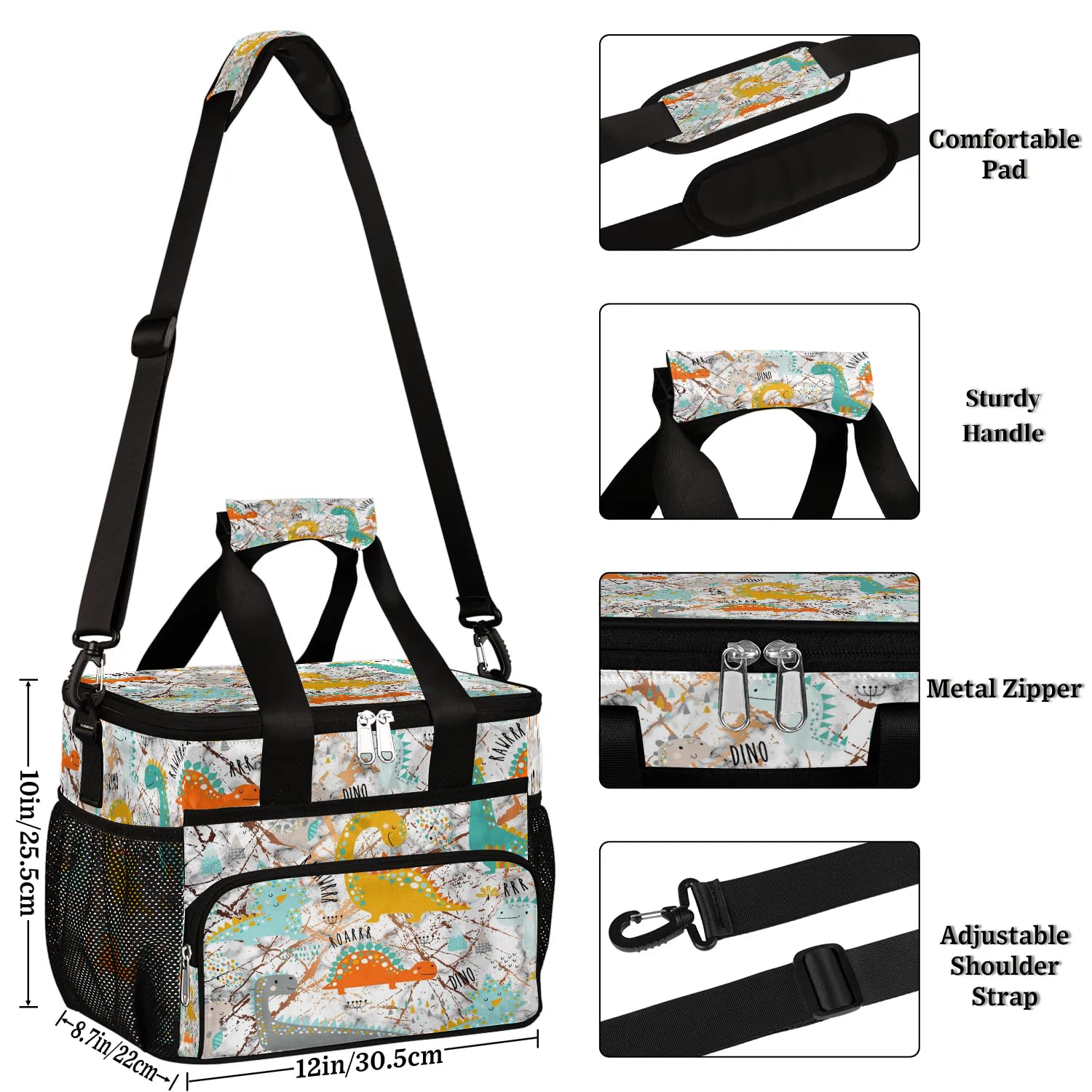 Bunte süße Dinosaurier-Lunch-Tasche für Erwachsene, Herren, Damen, Kinder, Mädchen, Jungen, Dinosaurier-Marmor, isolierte Lunchbox, Kühltasche, Kühltasche, Kühltasche, Kühltasche, Kühltasche, für