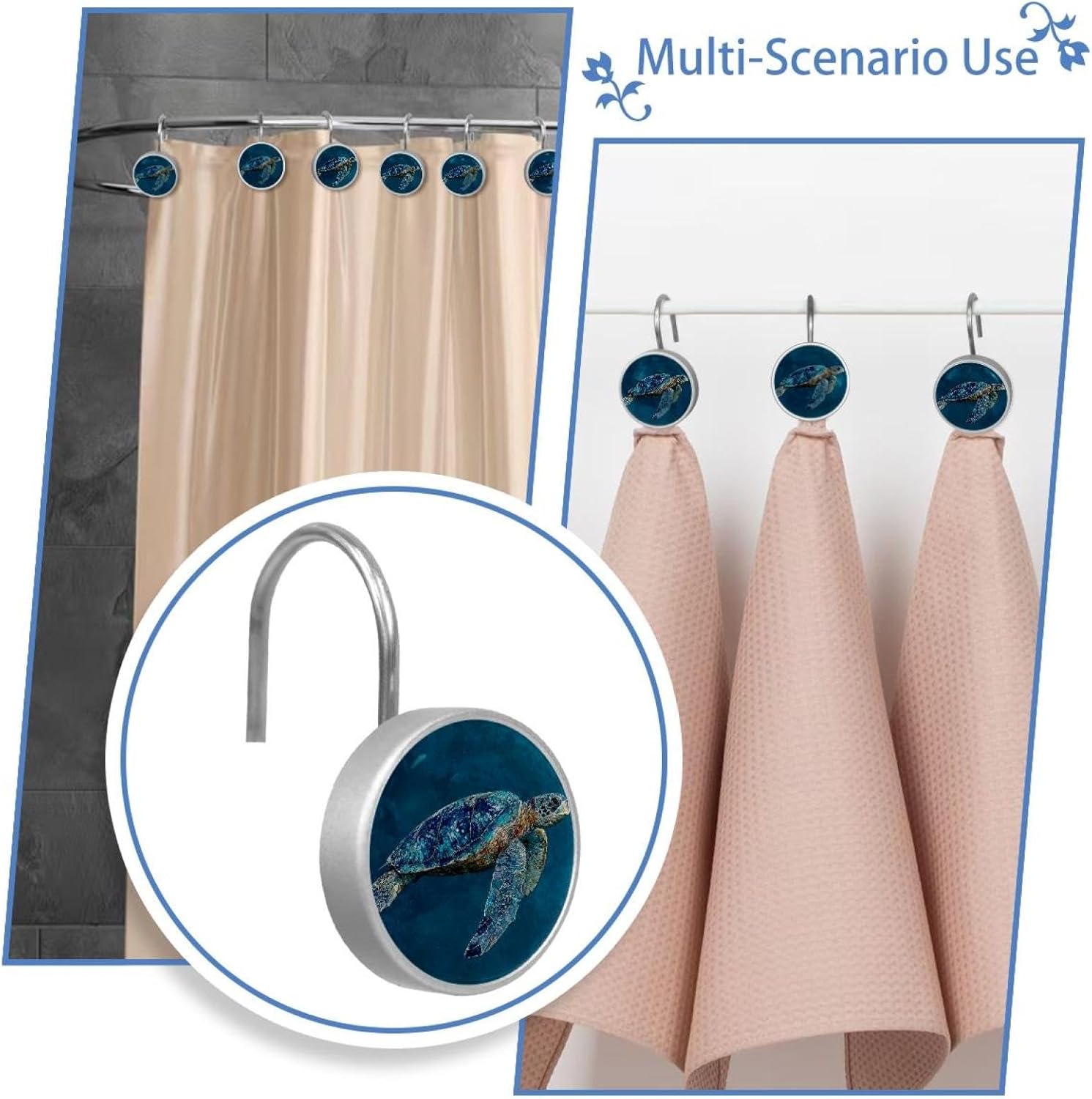 Sea Ocean Animal Turtle Abstract Art (3) Round Crystal Glass Decorative Shower Curtain Hooks with 3D Pattern Visual, Rust Proof Shower Curtain Rings-12 Pack
