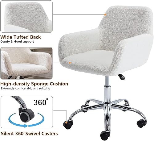 Miniatura 5 de Silla de tocador blanca mullida, bonitas sillas de escritorio de piel sintética con asiento tapizado ajustable en altura ajustable, moderna silla