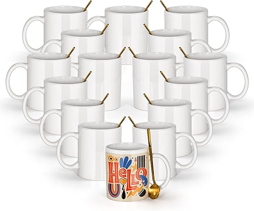 AGH 16 tazas de sublimación de 11 onzas en blanco, tazas de cerámica de café blanco a granel, tazas lisas para sublimación con cuchara de acero