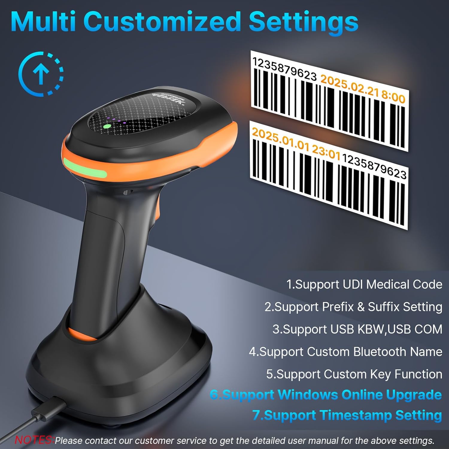 AGPTEK Barcode Scanner showing barcodes for customized settings like timestamp and prefix/suffix