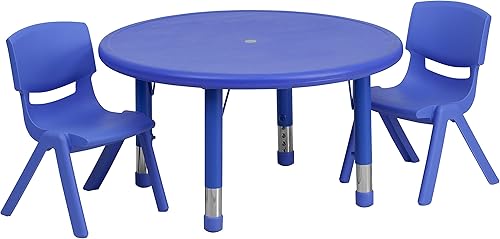 Flash Furniture Juego de mesa de actividad ajustable de altura de plástico azul redondo de 33 pulgadas con 2 sillas