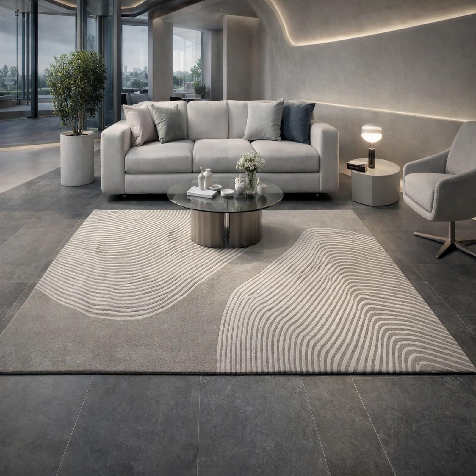 Tapis de décoration abstrait moderne beige blanc gris 110 x 180 cm salon chambre table