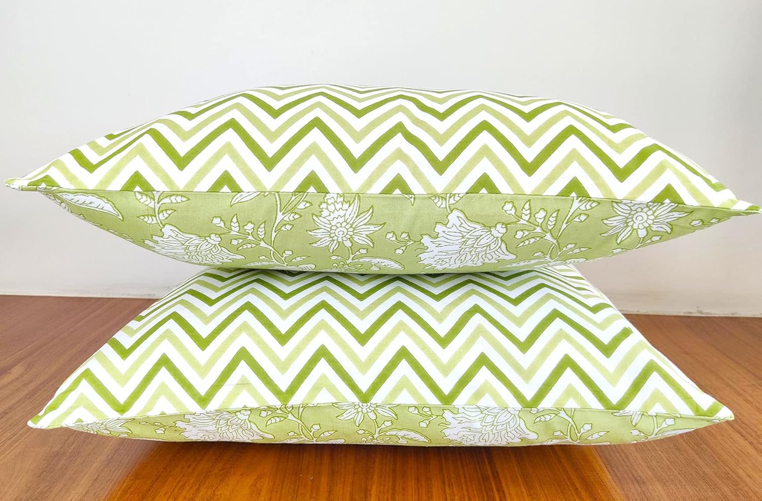 AVKA Studio Light Green Decorative Throw Pillow Covers - Reversible 100percent Pure Cotton Block Print Accent Pillows Set of 2 Floral Indian for Couch Bed Sofa Cover Only, 18x18 Inches