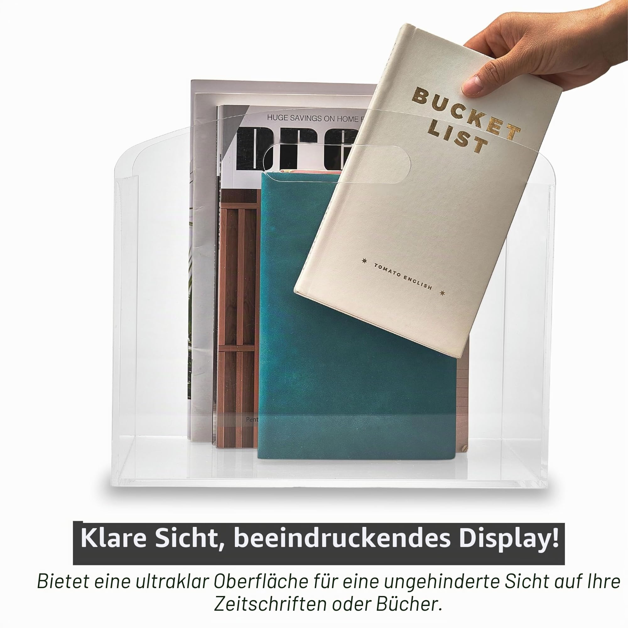 Zeitungsständer modern - durchsichtiger Zeitschriftenständer aus Acryl, transparenter Zeitschriftenhalter mit Griffen, Magazinhalter, Zeitungskorb, Zeitschriften Aufbewahrung