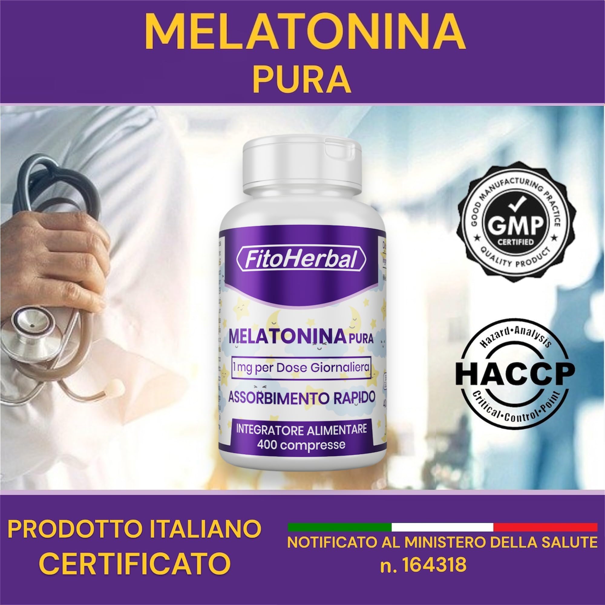 FitoHerbal Melatonina Pura Forte 1 mg 400 Mini Compresse Integratore per Dormire Sonno Naturale