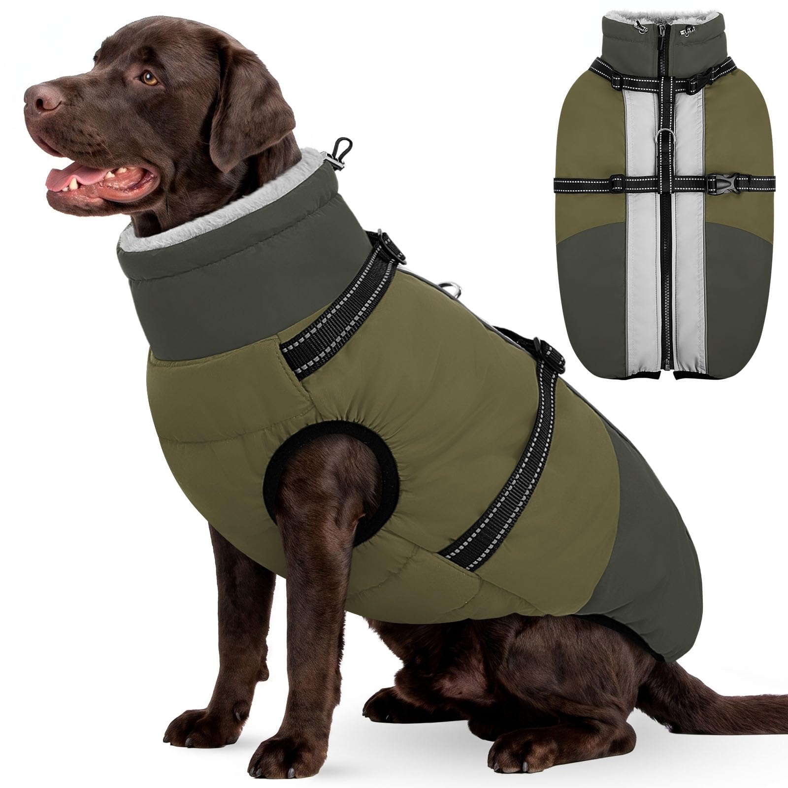 AOFITEE Large Dog Coat with Harness Waterproof Dog Winter Jacket Zip Up