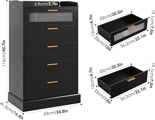 Miniatura 3 de HOSTACK Cómoda moderna de 5 cajones, cómoda alta blanca con asas doradas, armario de almacenamiento de madera con valla anticaída y vidrio acanalado