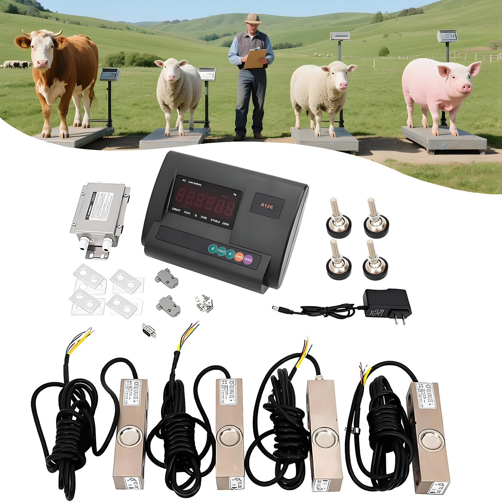 Livestock Scale Kit, 5000 kg / 11023 lbs Steel Beam Compression Load Cell Scales Floor Scale Kit for Animals Cattle Goats Pigs Horse Sheep with Weighing Indicator