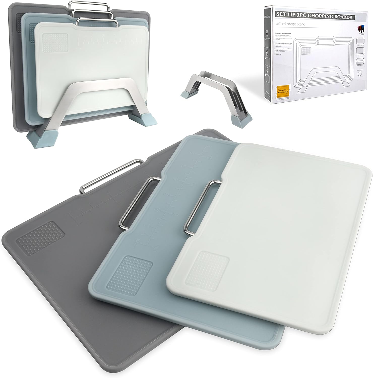 FIVETAS Cutting Boards For Kitchen Dishwasher Safe,Set Of 3 With Holder,Plastic Cutting Boards With Easy-Grip Handles.Garlic Grinding Area. BPA Free,Non-Porous Non-Slip Feet…