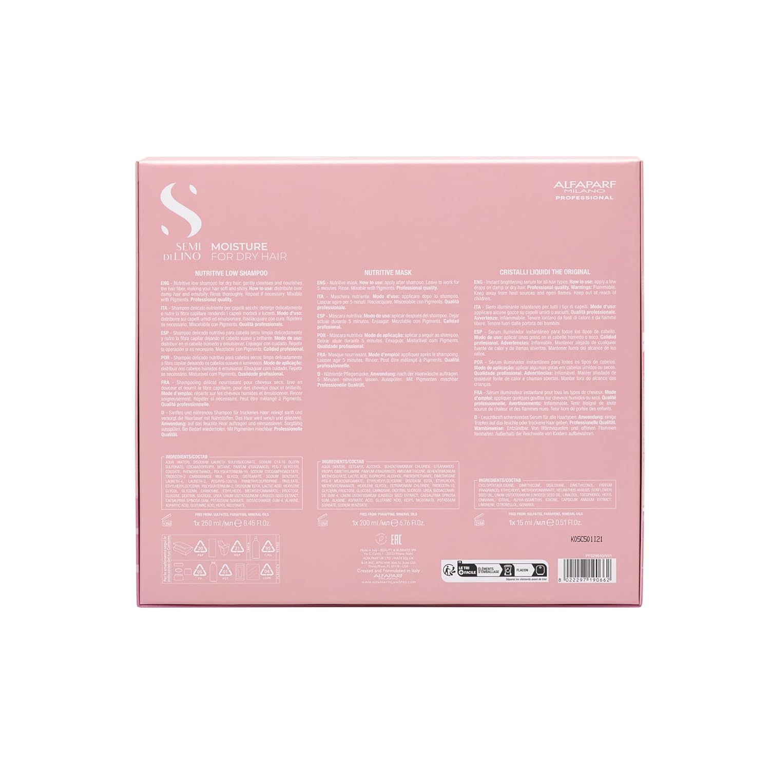 Alfaparf Milano Semi di Lino Moisture Gift Set for Dry Hair - Sulfate Free Shampoo, Hair Mask and Cristalli Liquidi Hair Oil Serum