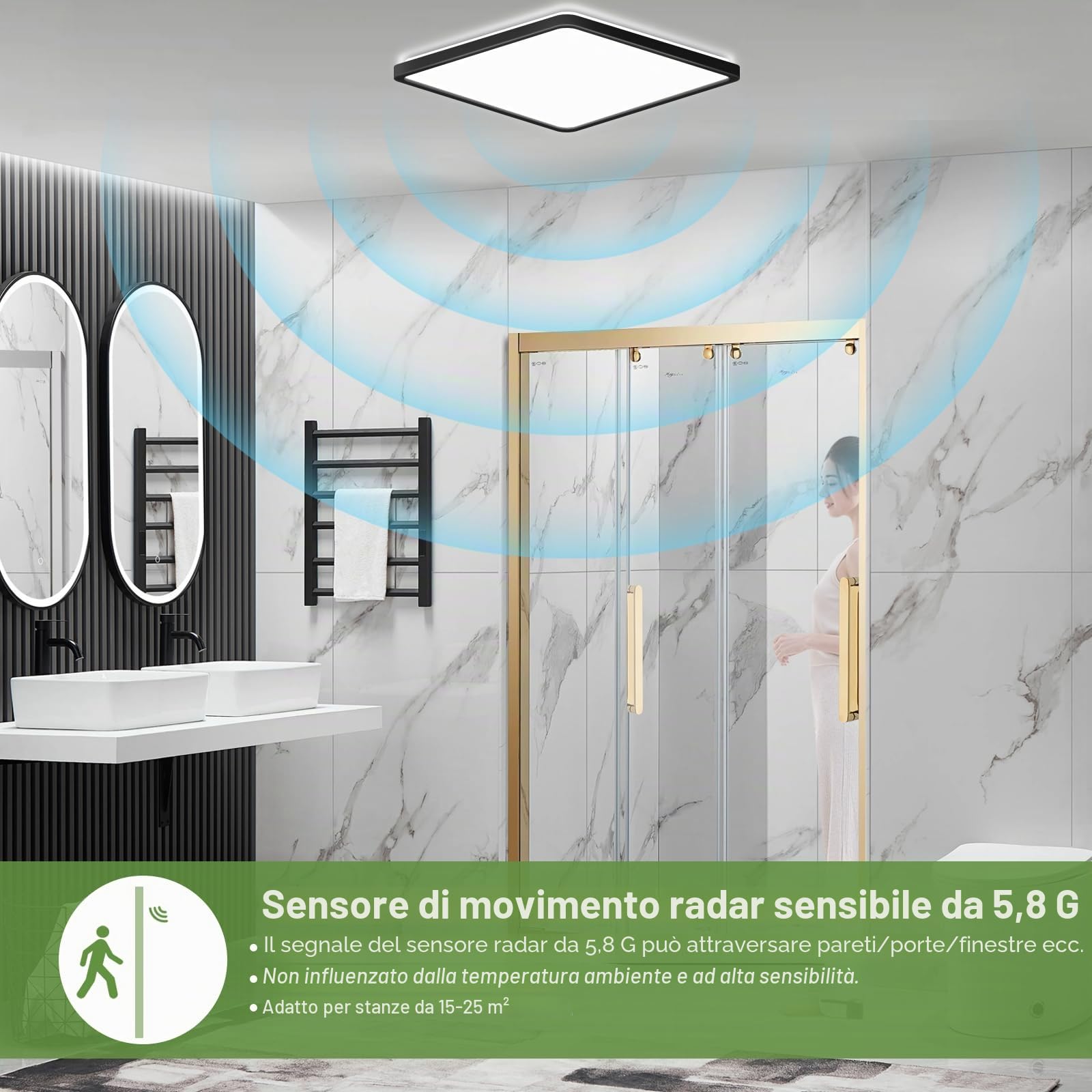 LEZOE Plafoniera LED con rilevatore di movimento, LED Radar lampada Sesor 24W 2400LM dimmerabile, sensore 3000K/4000K/6500K IP54 per bagno, garage, scale, cantina, corridoio, balcone 30x30x2,5 cm